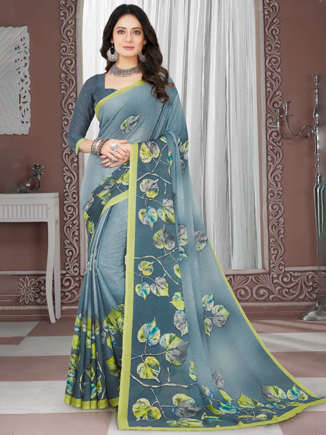 

Vishal Prints Floral Printed Crepe Saree, Grey