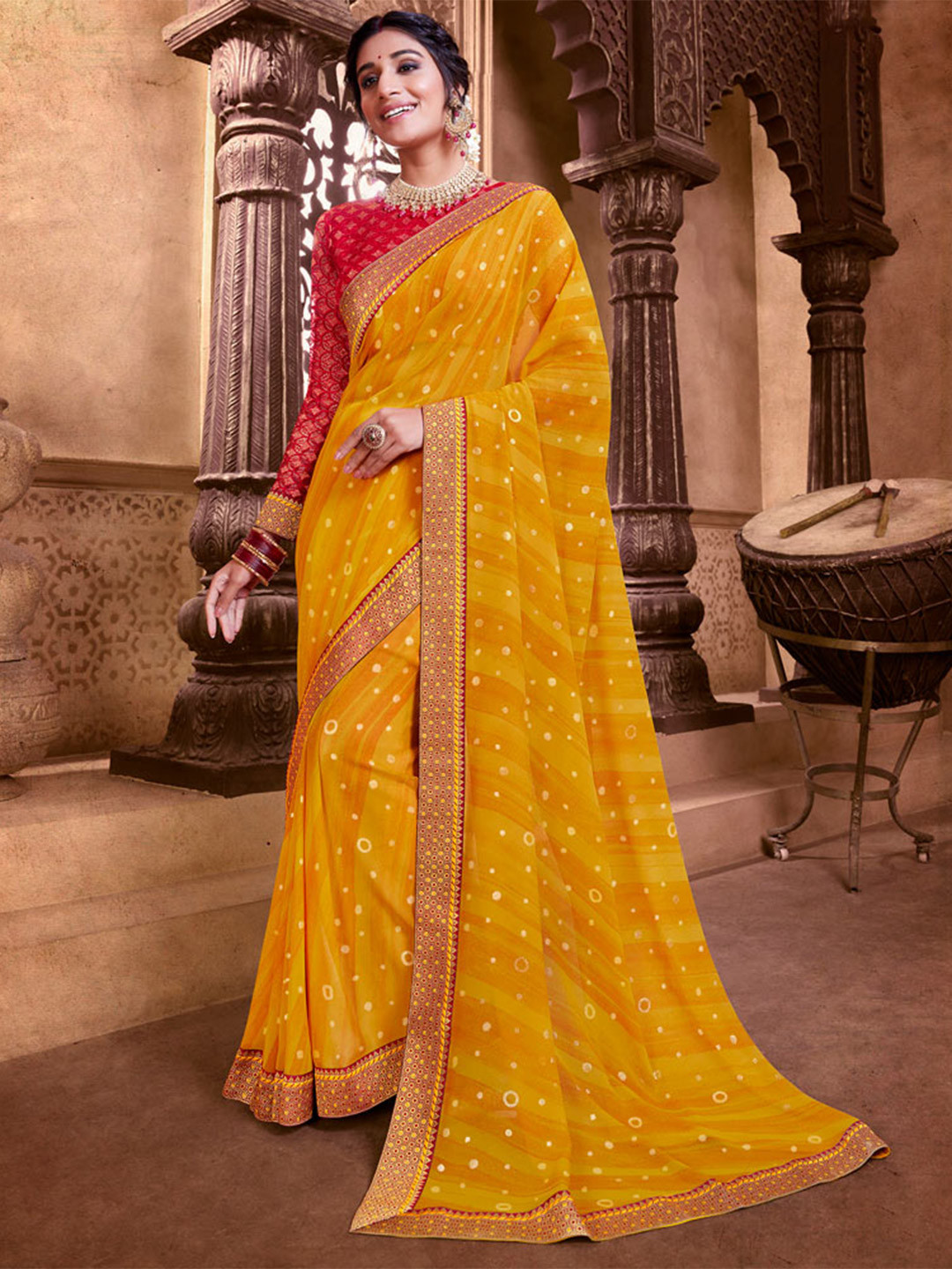 

Vishal Prints Polka Dot Printed Zari Chiffon Saree, Gold