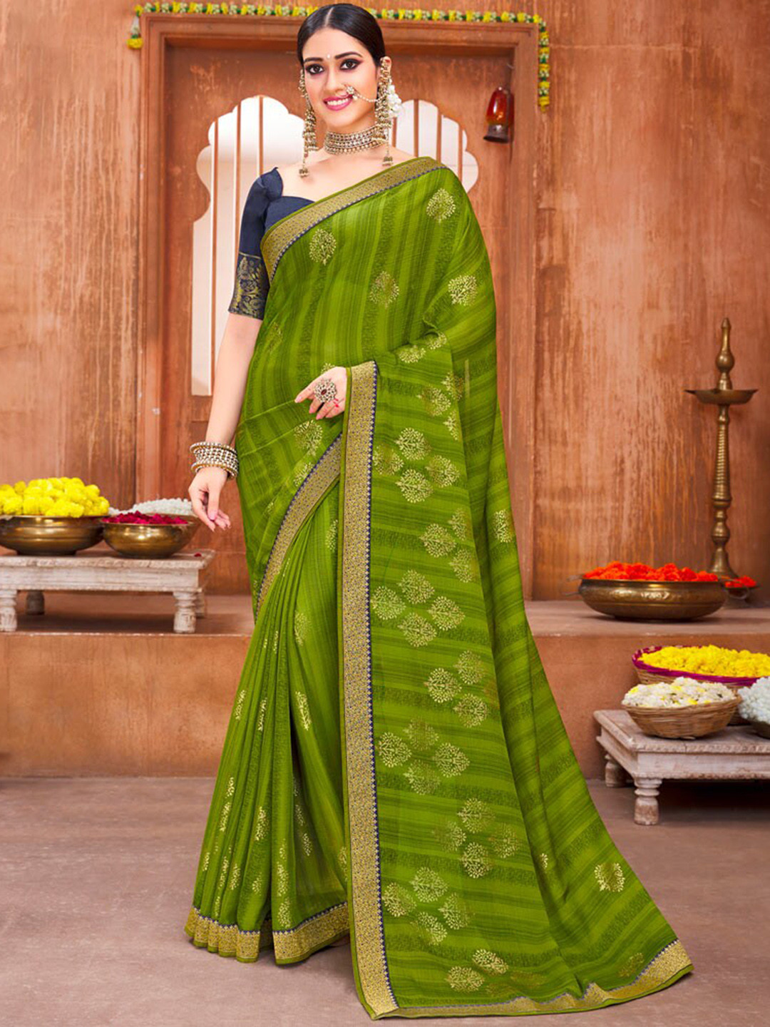 

Vishal Prints Floral Printed Poly Chiffon Saree With Zari Border, Olive