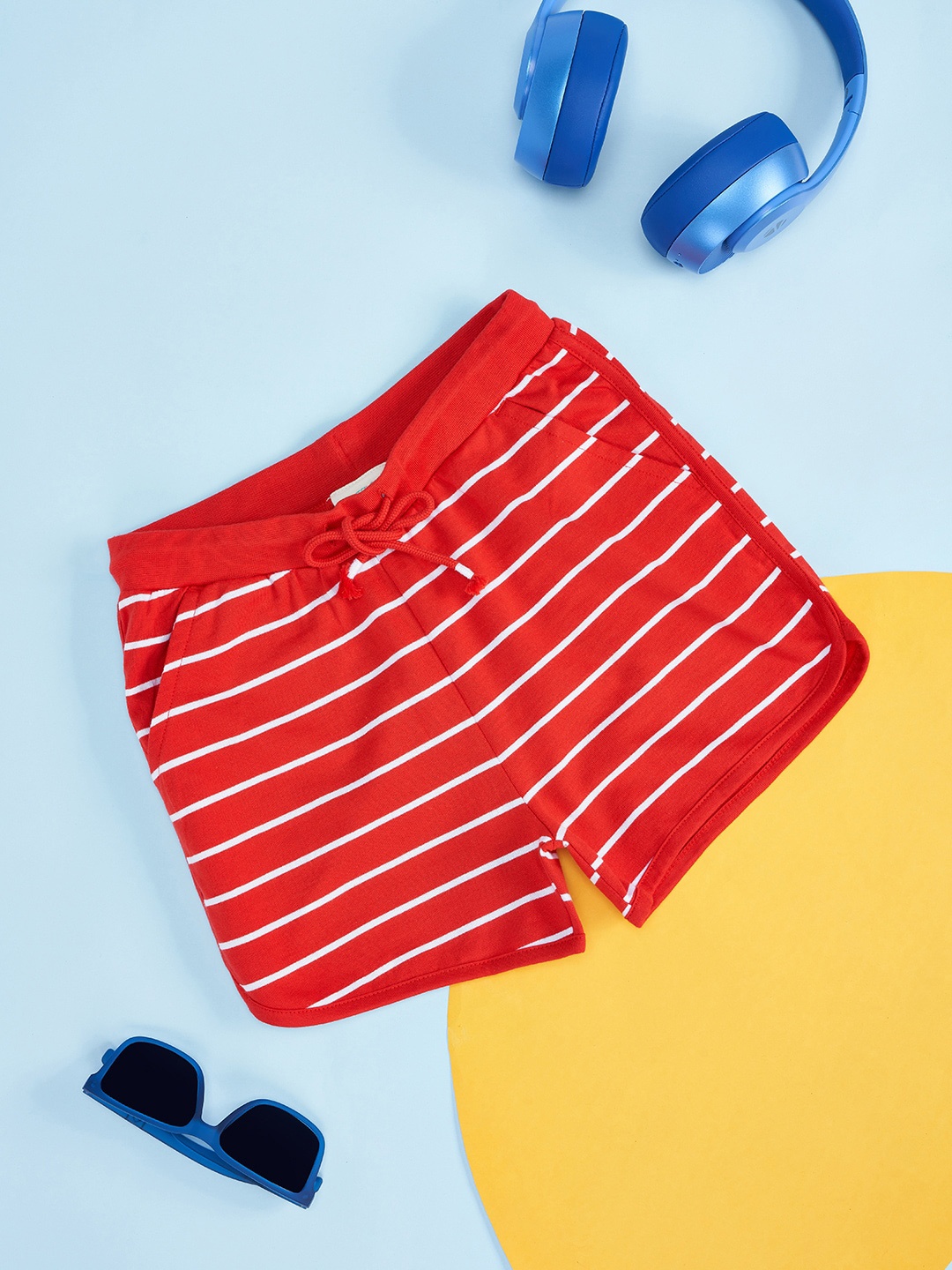 Pantaloons Junior Girls Mid-Rise Striped Casual Cotton Shorts, Red