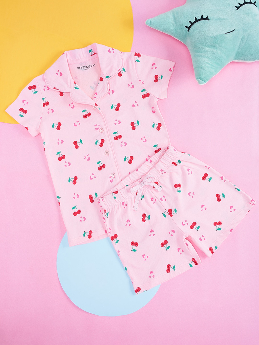 

Pantaloons Junior Girls Conversational Print Pure Cotton Shirt With Shorts, Pink