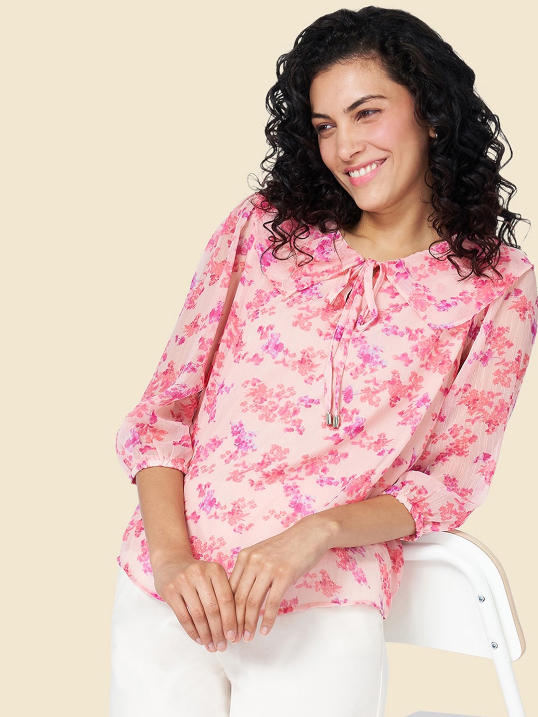 Honey by Pantaloons Floral Printed Tie-Up Neck Top, Pink