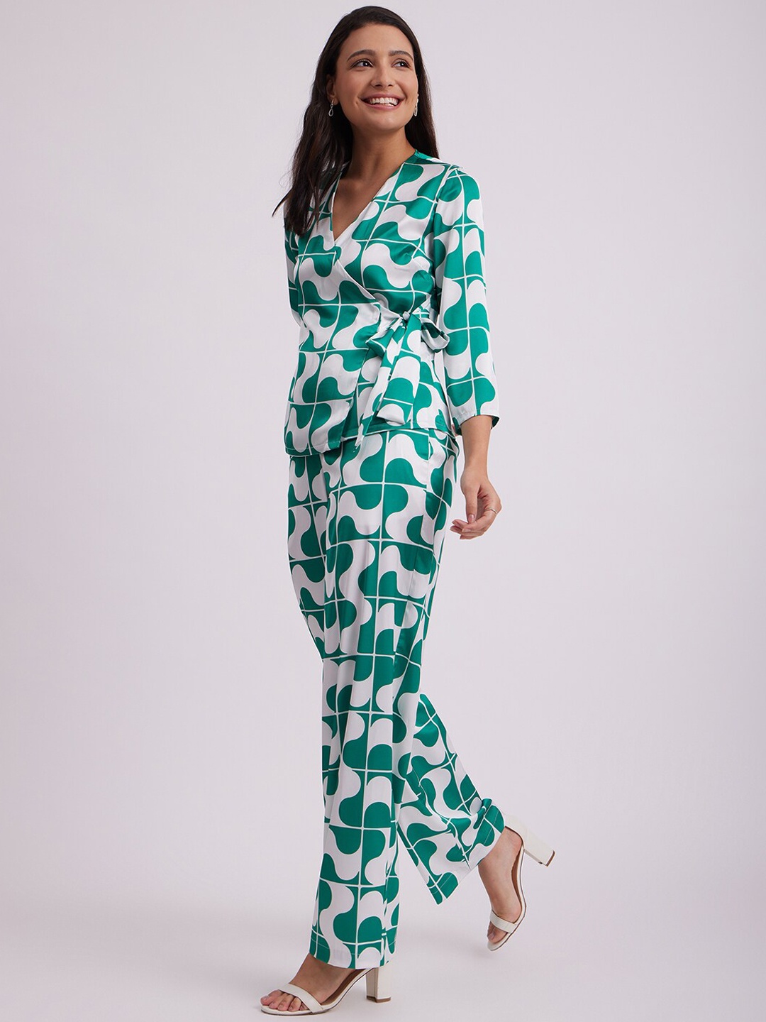 

FableStreet Women Printed Satin Wrap Top With Trouser Co-Ords, Sea green