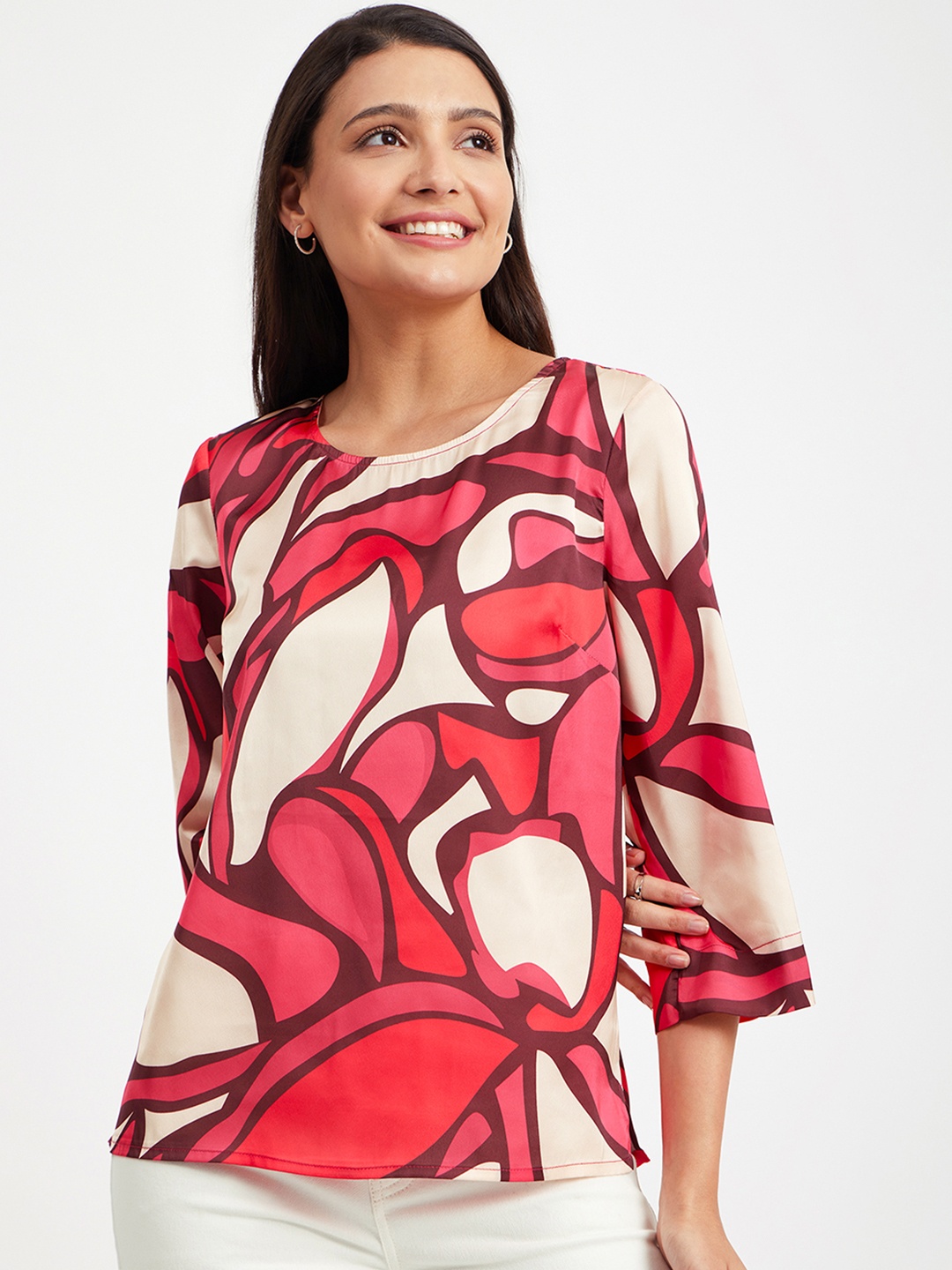 

FableStreet Print Cold-Shoulder Satin Top, Red