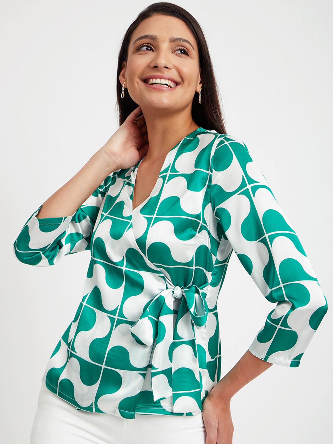 

FableStreet Geometric Print Satin Wrap Top, Green