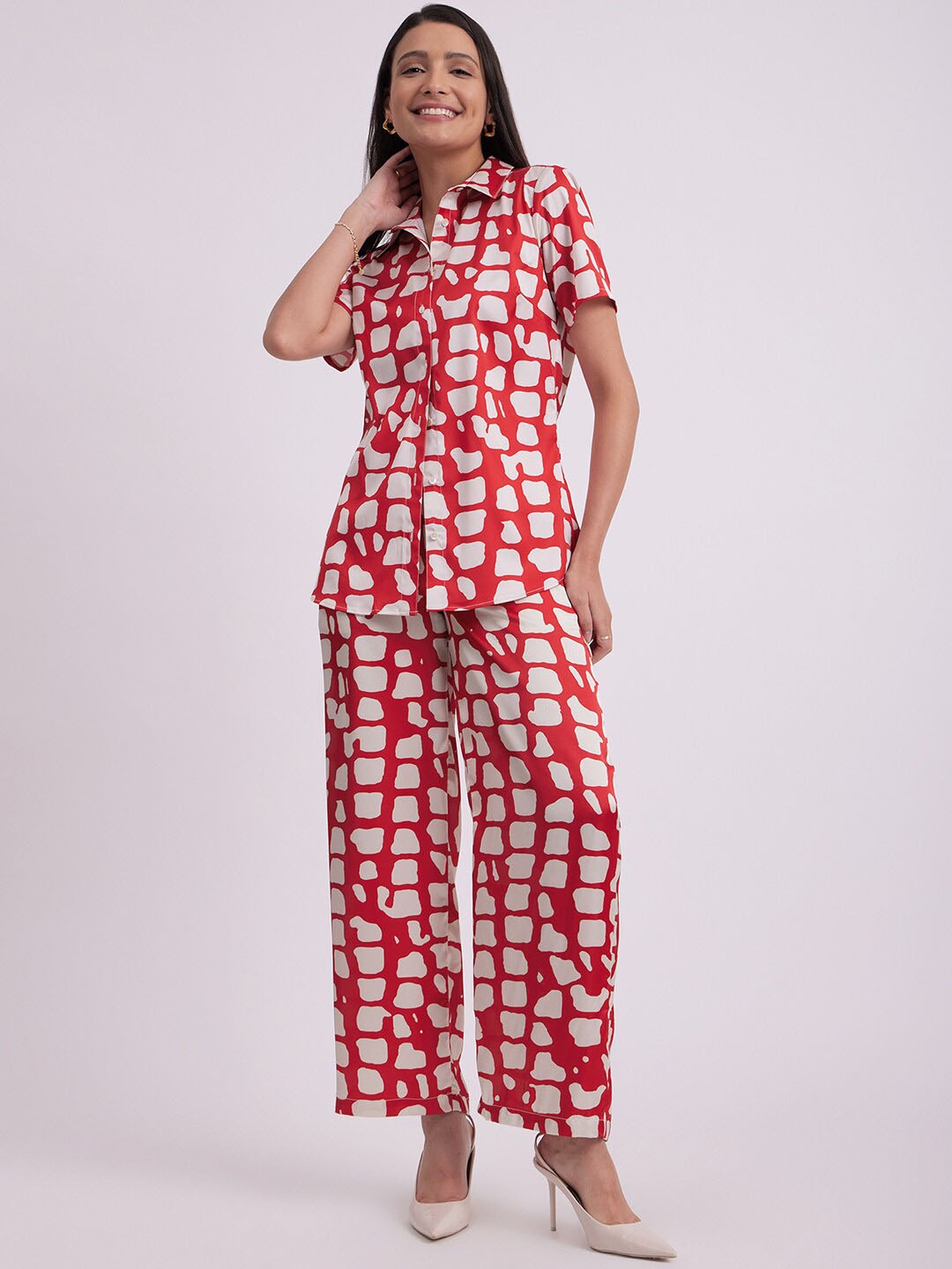 

FableStreet Women Printed Shirt & Trouser Co-Ords, Red