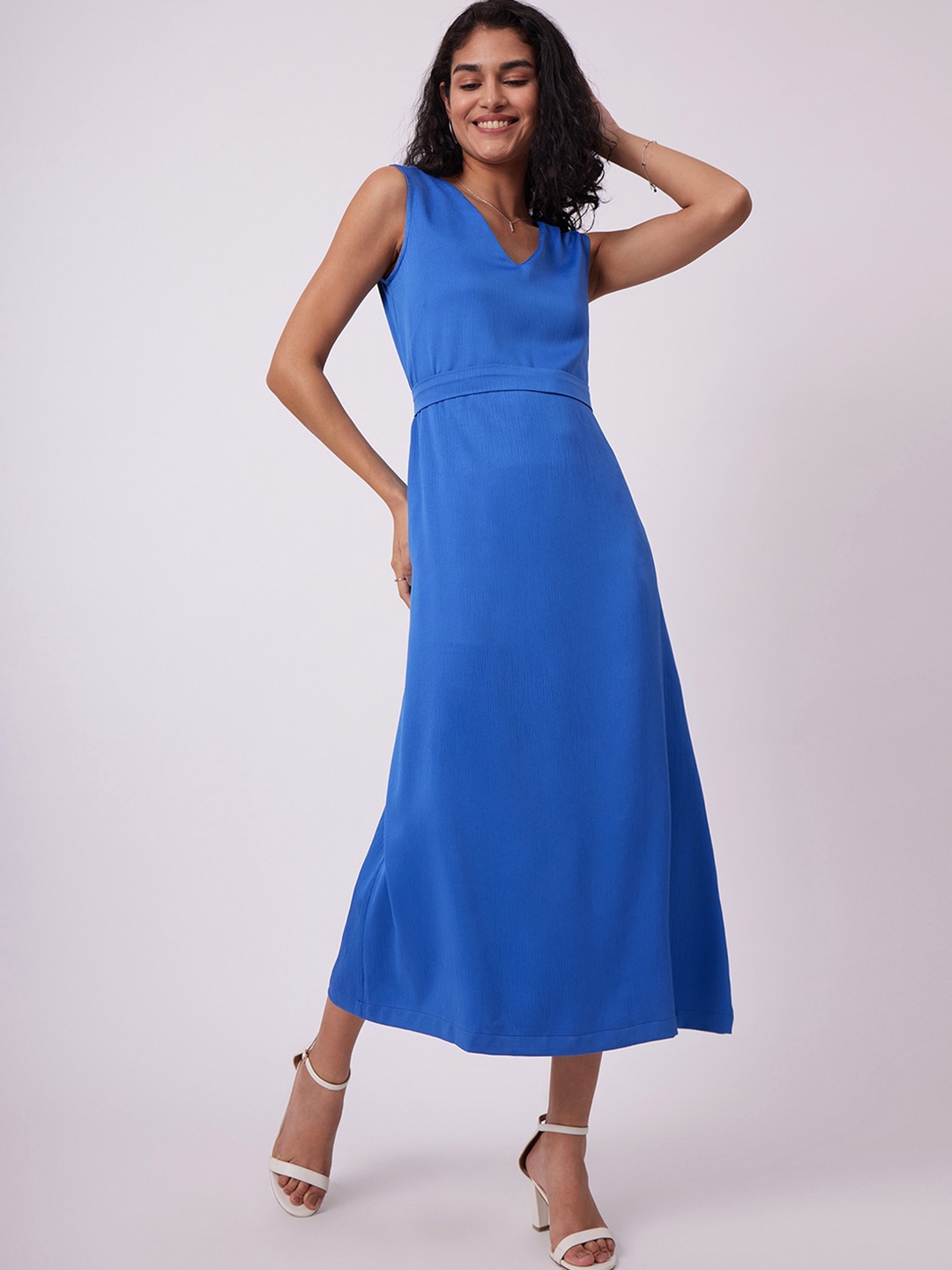 FableStreet Satin A-Line Midi Dress, Blue