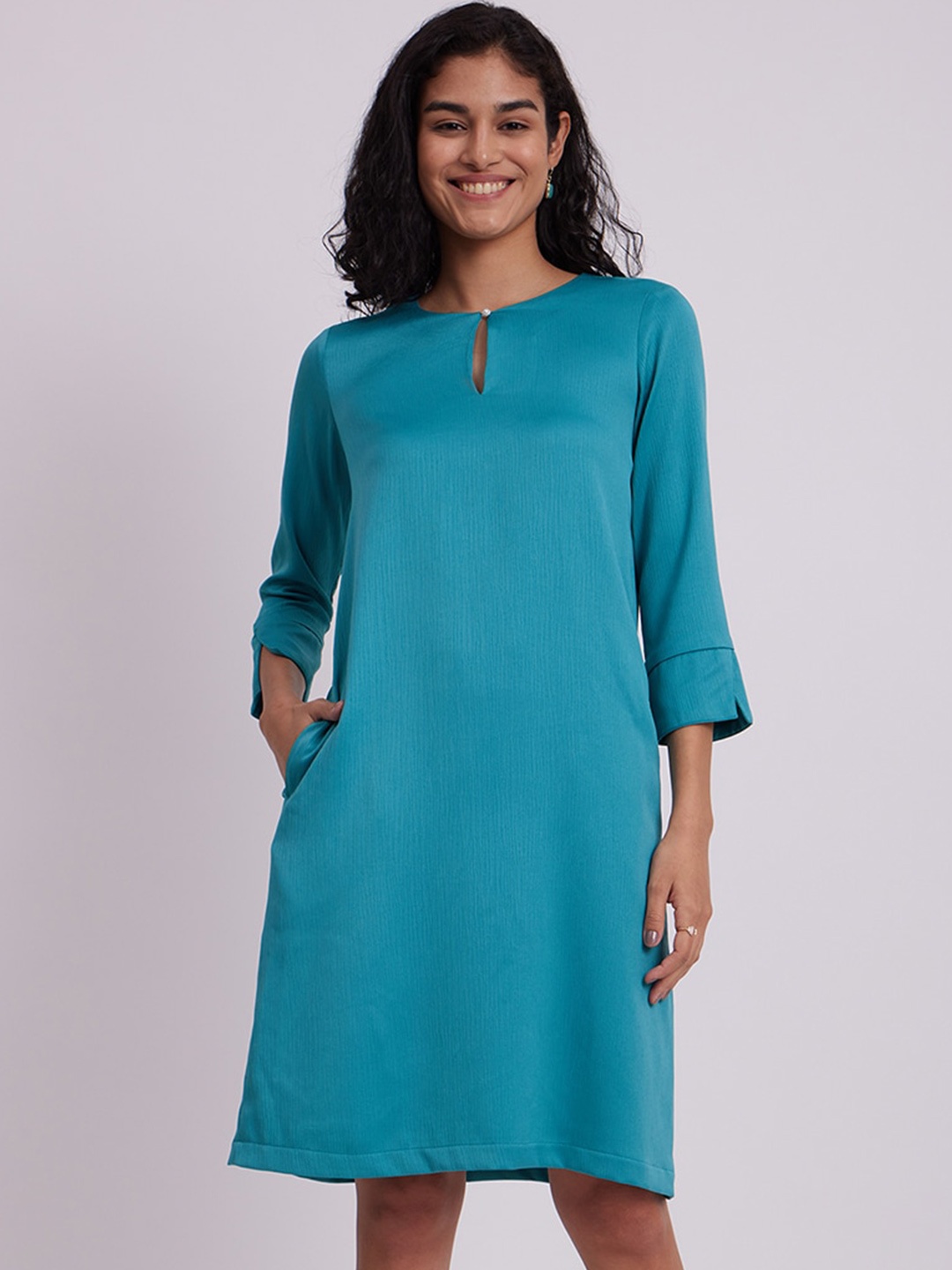 

FableStreet Keyhole Neck Satin A-Line Dress, Teal