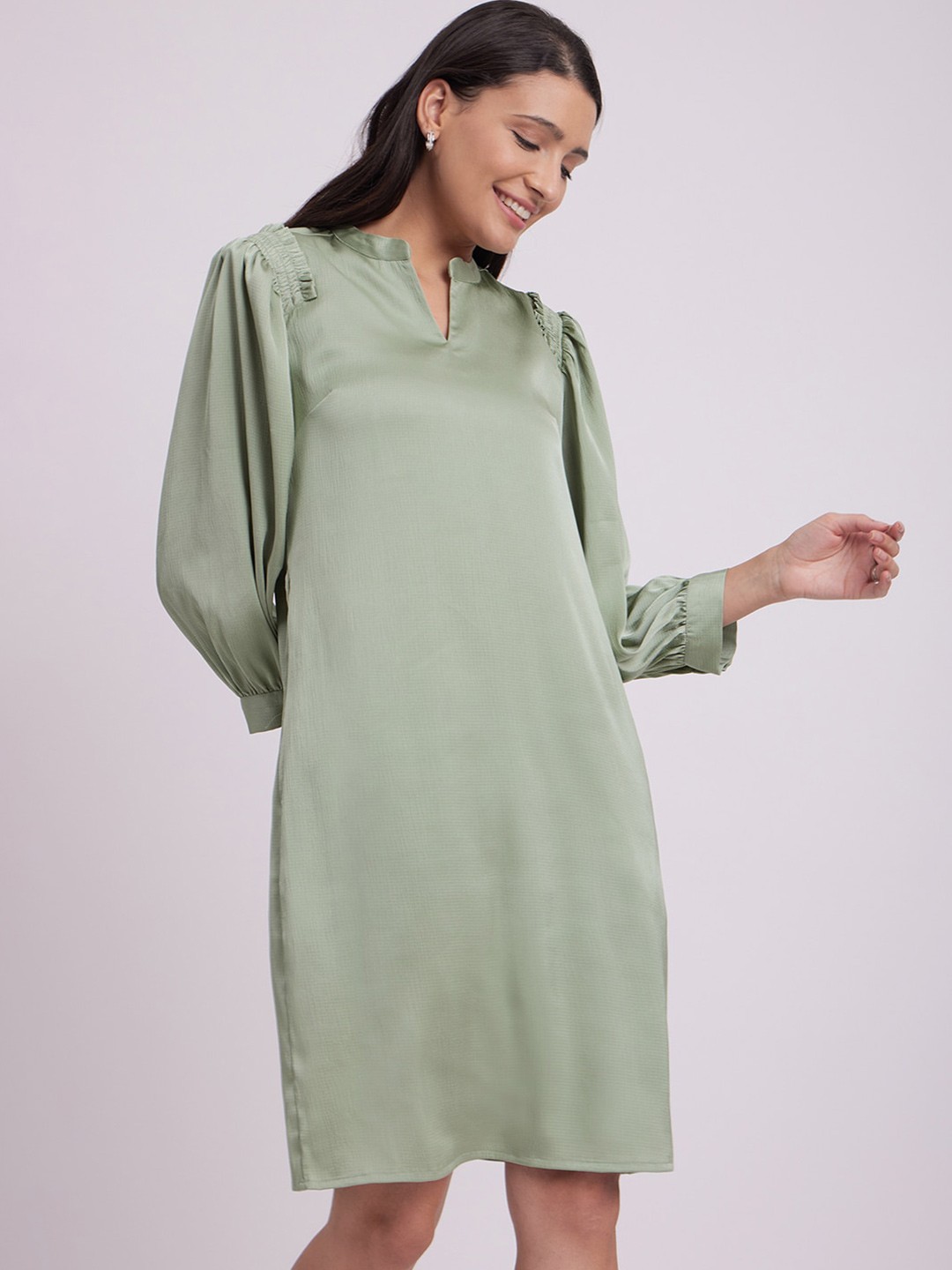 

FableStreet Puff Sleeve Satin A-Line Dress, Green