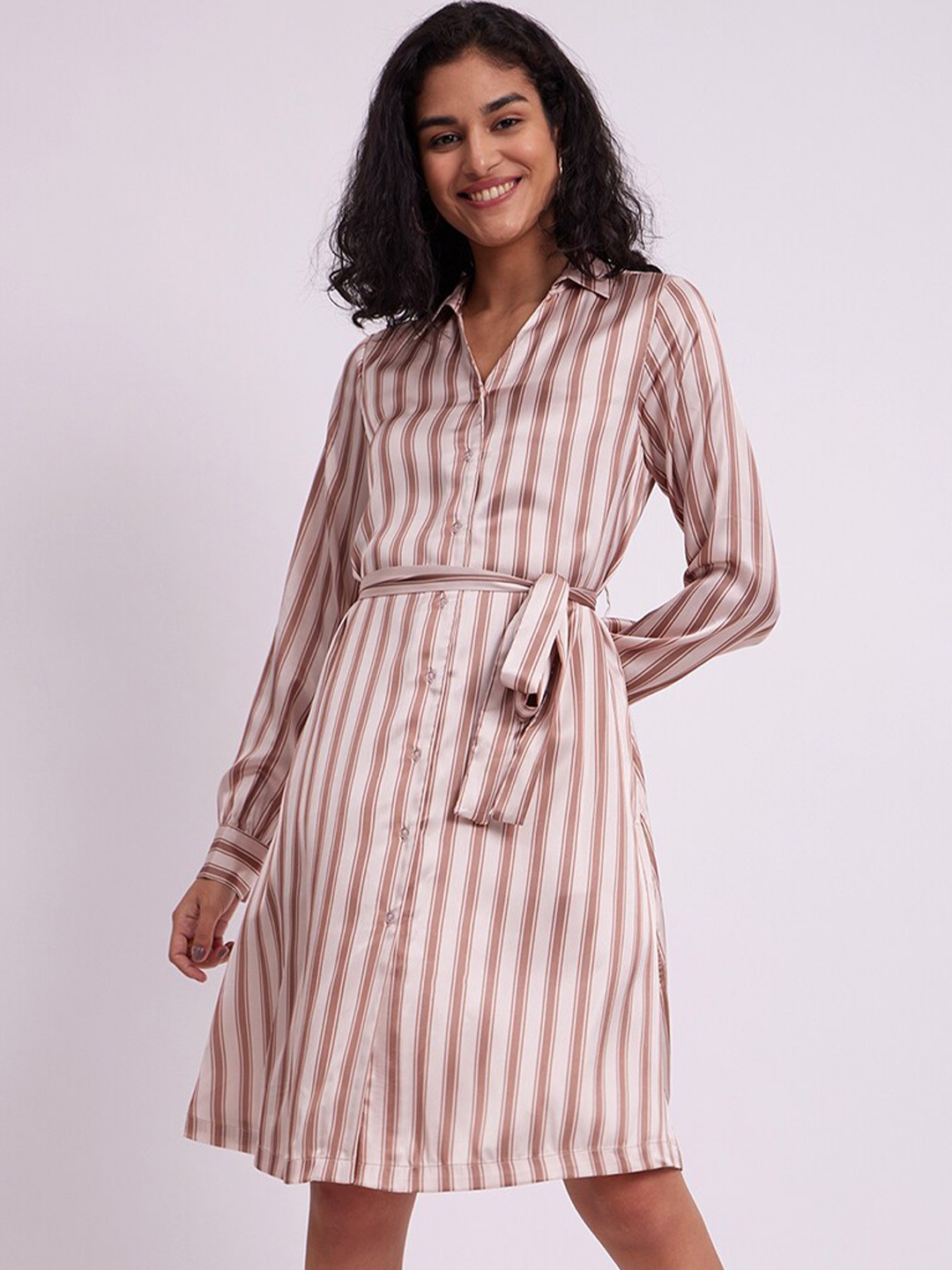 

FableStreet Striped Satin Shirt Dress, Beige