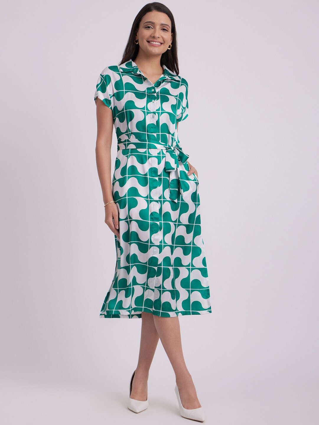 FableStreet Floral Print Satin Shirt Midi Dress, Grey