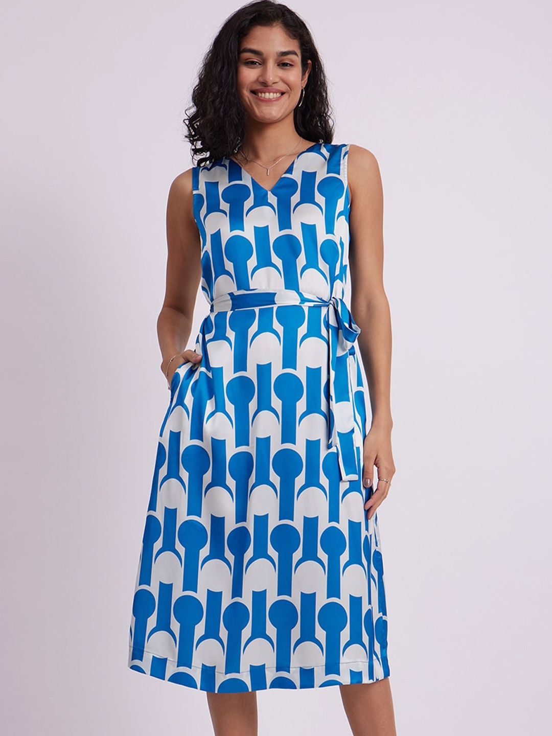 FableStreet Blue Print Satin Fit & Flare Midi Dress
