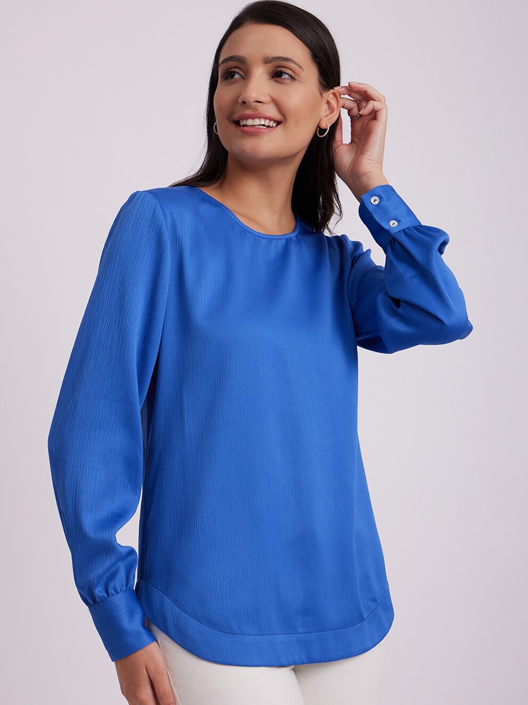 FableStreet Cuffed Sleeves Satin Top, Blue