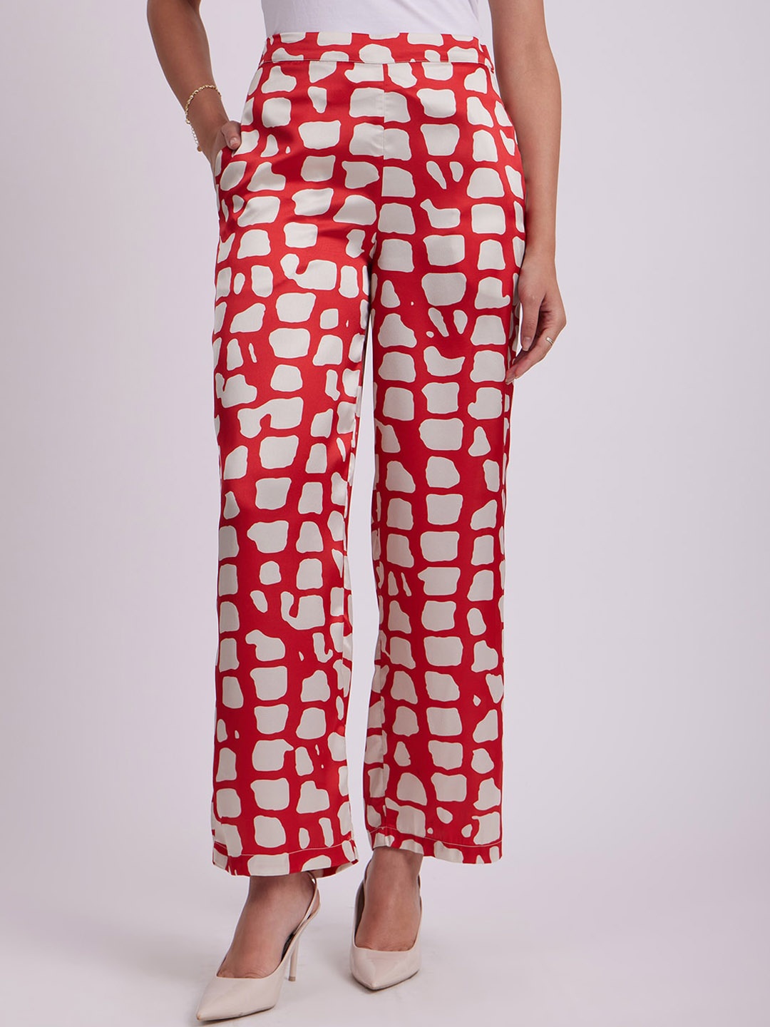 

FableStreet Women Abstract Printed High-Rise Straight Fit Trousers, Red