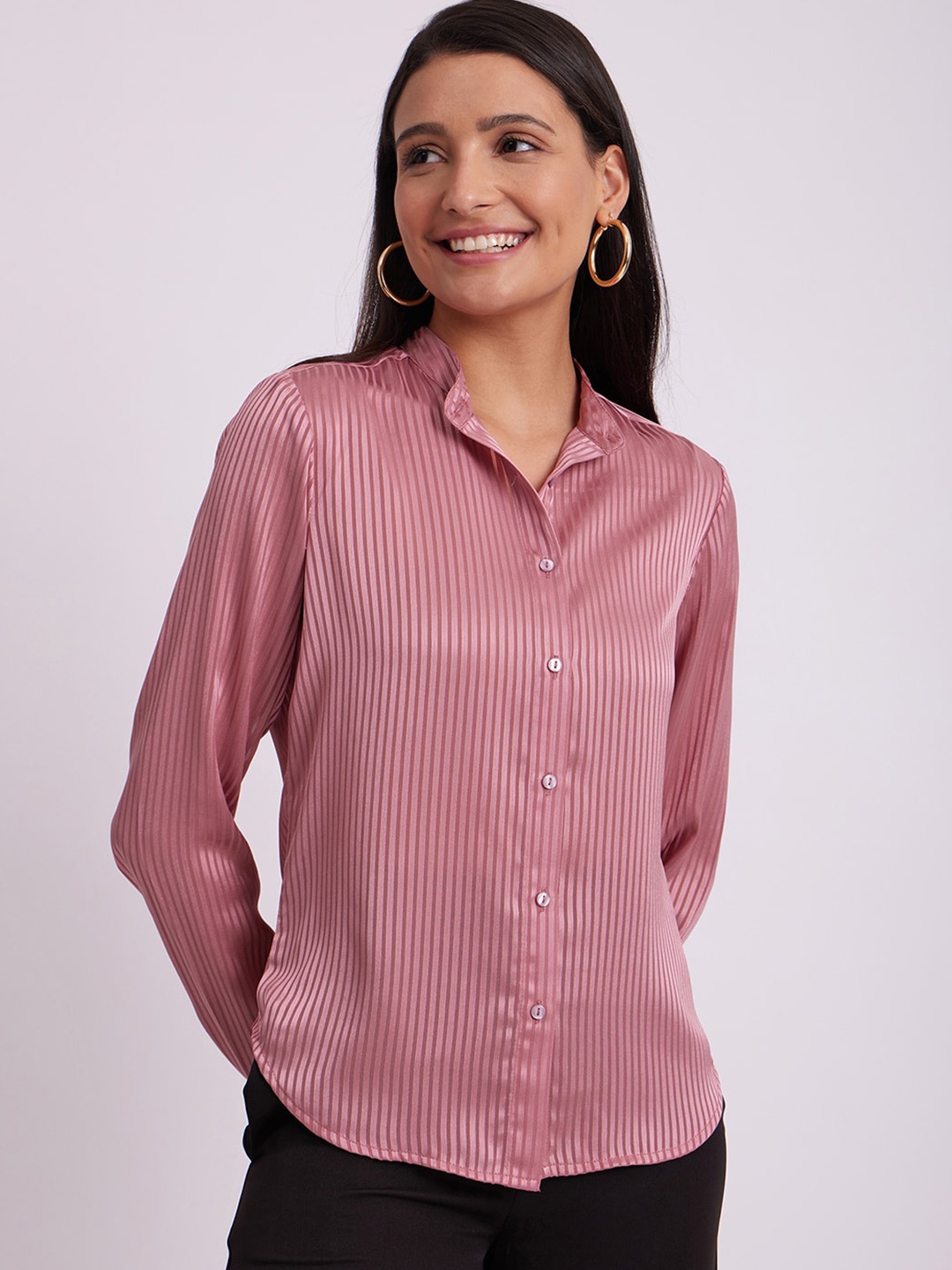 

FableStreet Vertical Striped Casual Satin Shirt, Pink