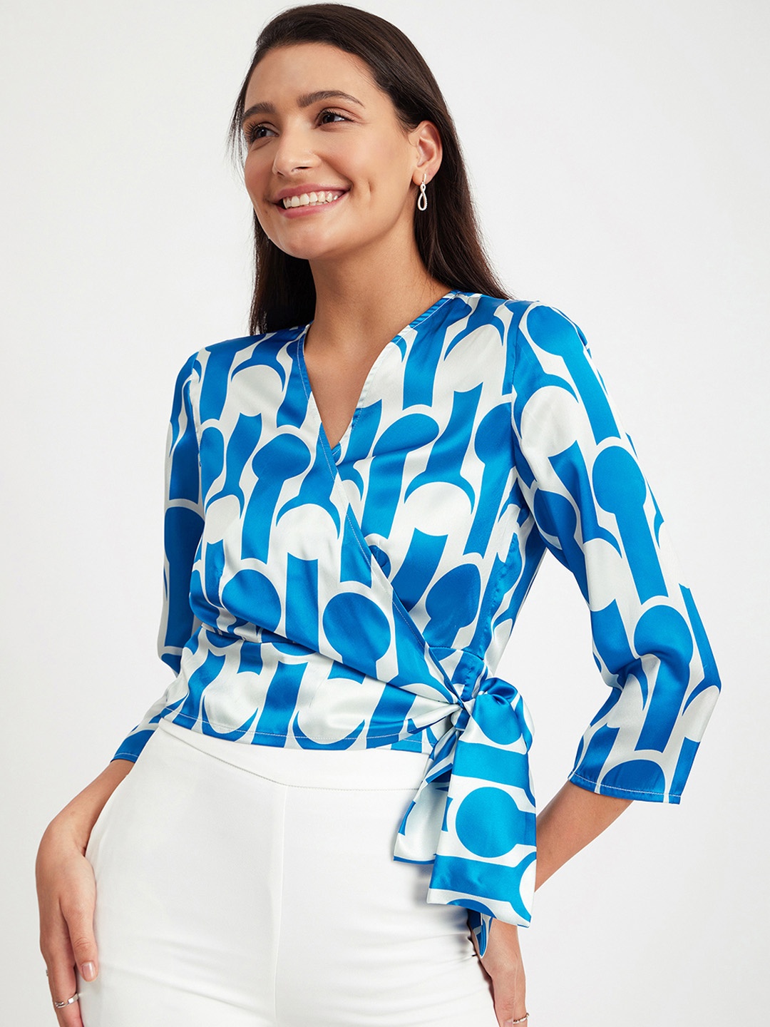 

FableStreet Geometric Printed Satin Wrap Top, Blue