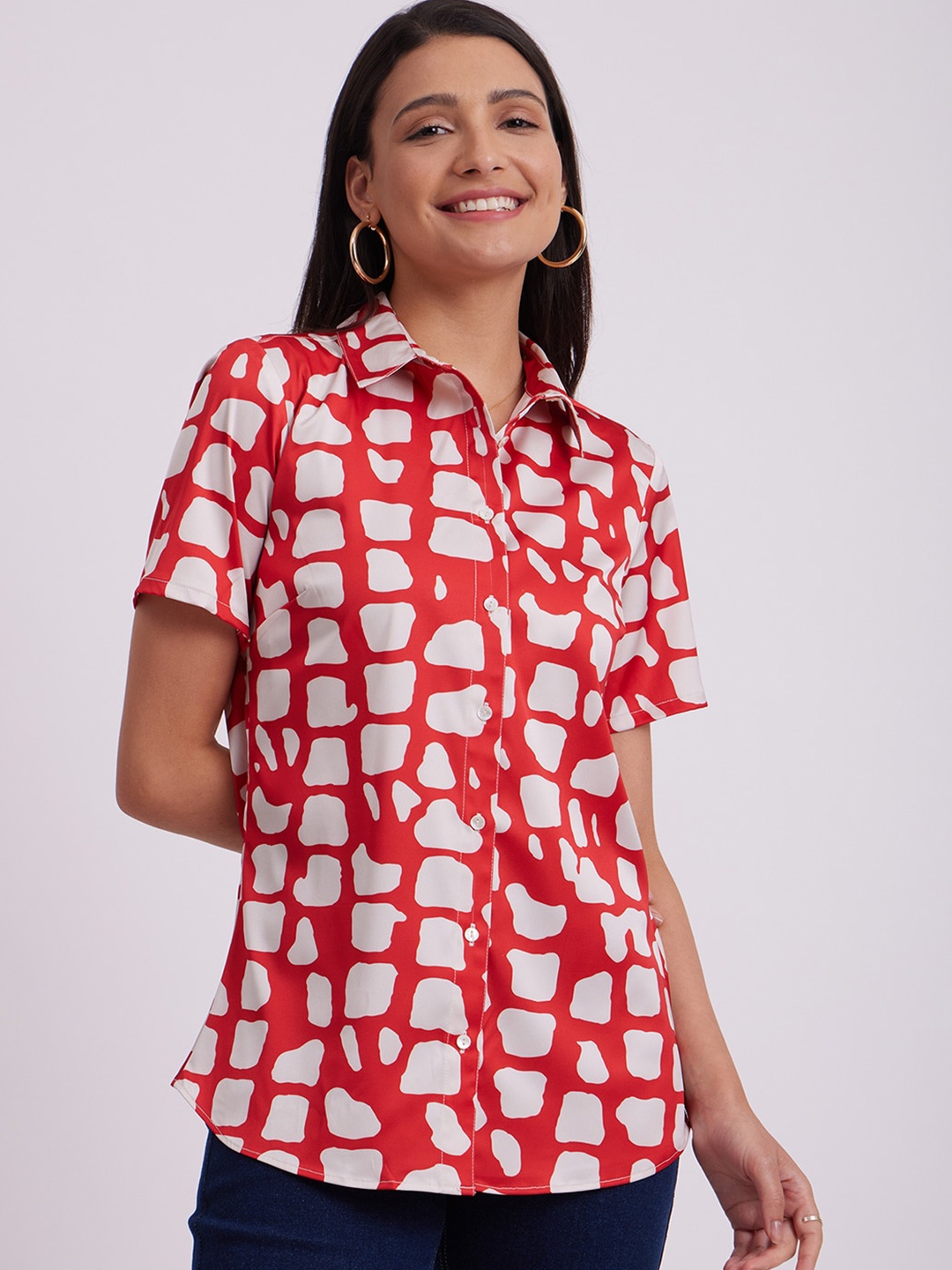 FableStreet Abstract Printed Satin Shirt, Red