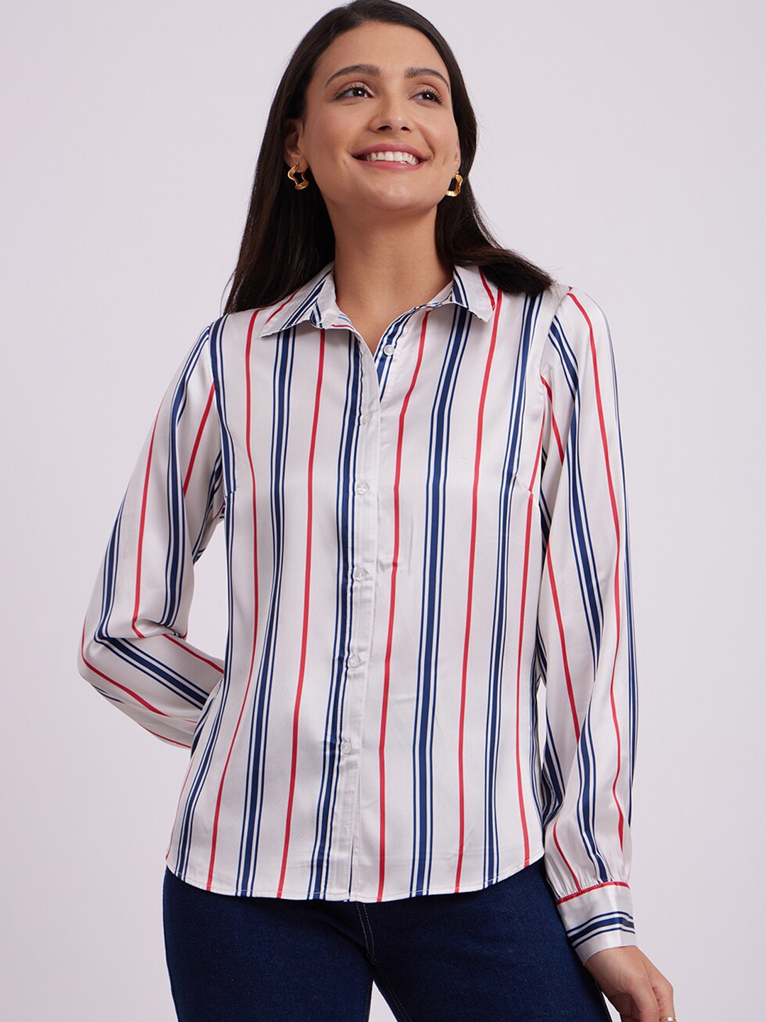 

FableStreet Striped Relaxed Fit Spread Collar Long Sleeves Satin Shirt, Beige