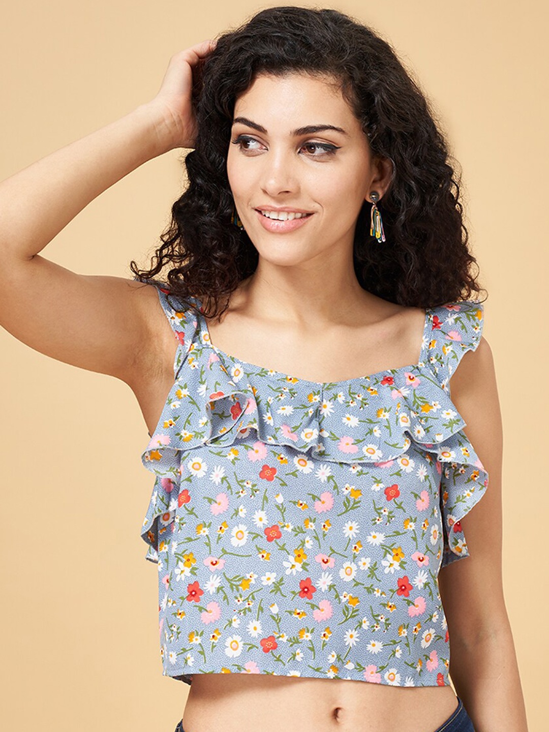 

YU by Pantaloons Floral Printed Sleeveess Ruffled Crop Styled Back Top, Blue