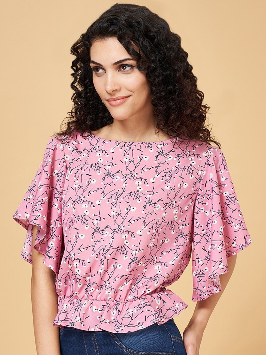 

YU by Pantaloons Floral Printed Flutter Sleeves Peplum Top, Pink