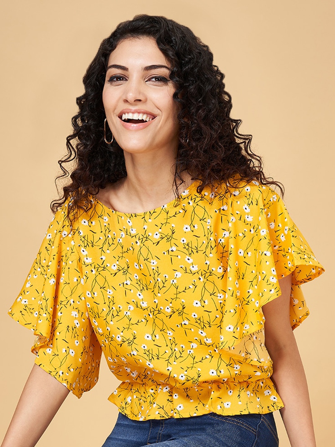 

YU by Pantaloons Floral Printed Flutter Sleeves Blouson Top, Yellow
