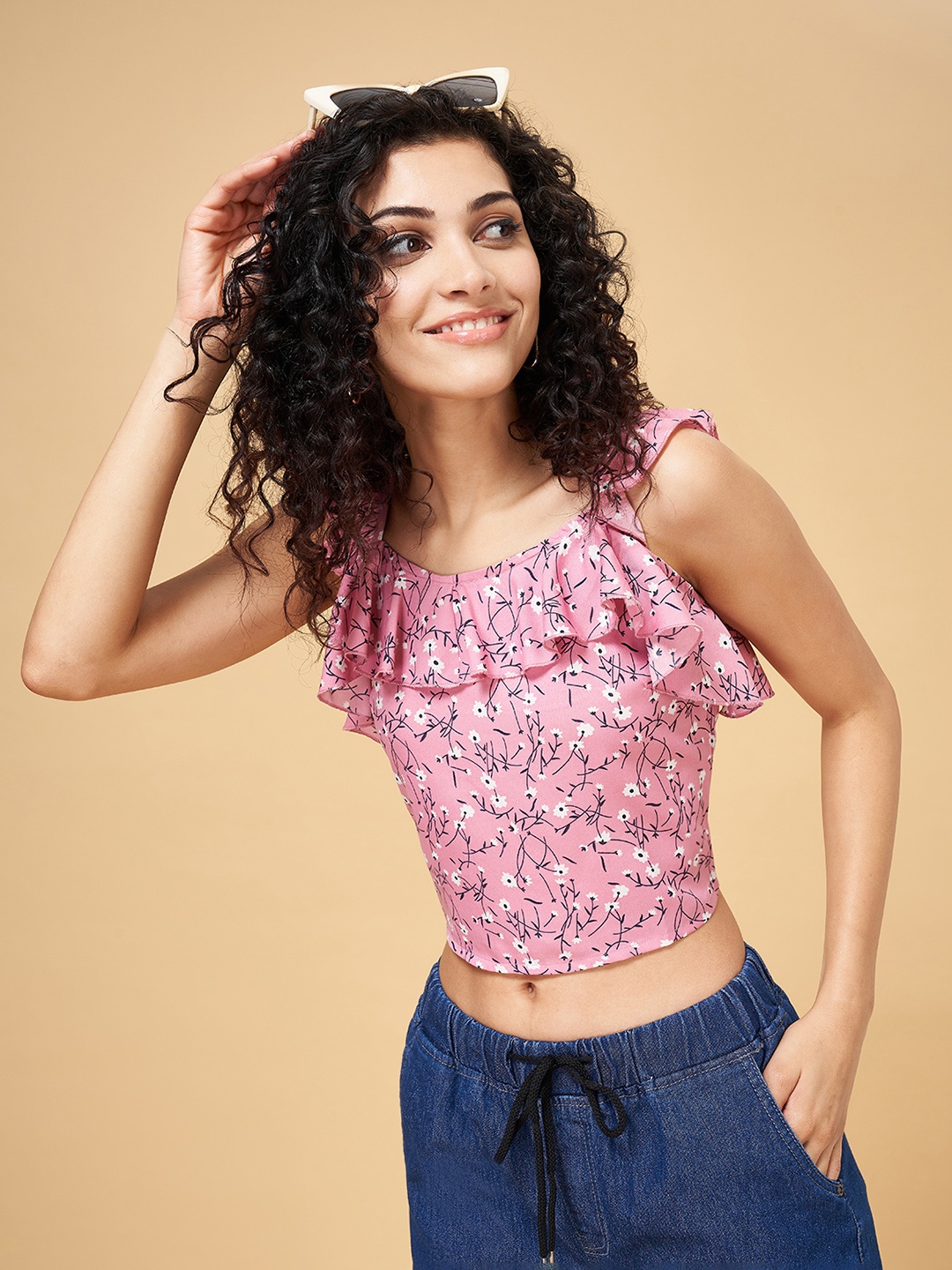 

YU by Pantaloons Floral Printed Shoulder Straps Ruffles Crop Top, Pink