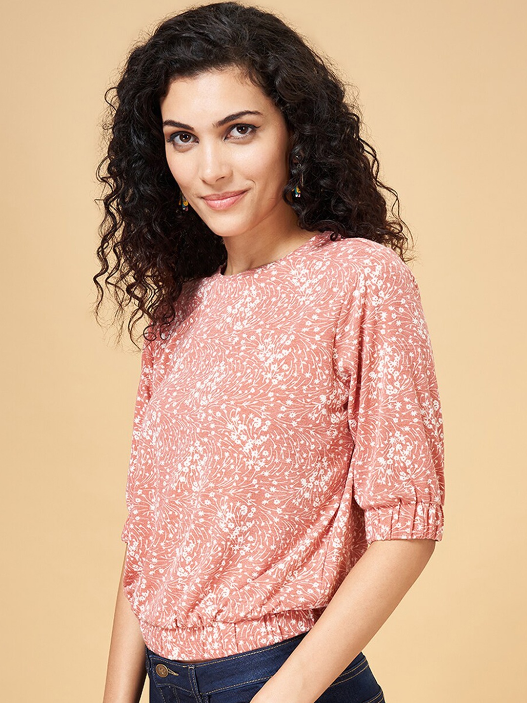 

YU by Pantaloons Floral Printed Round Neck Blouson Top, Peach