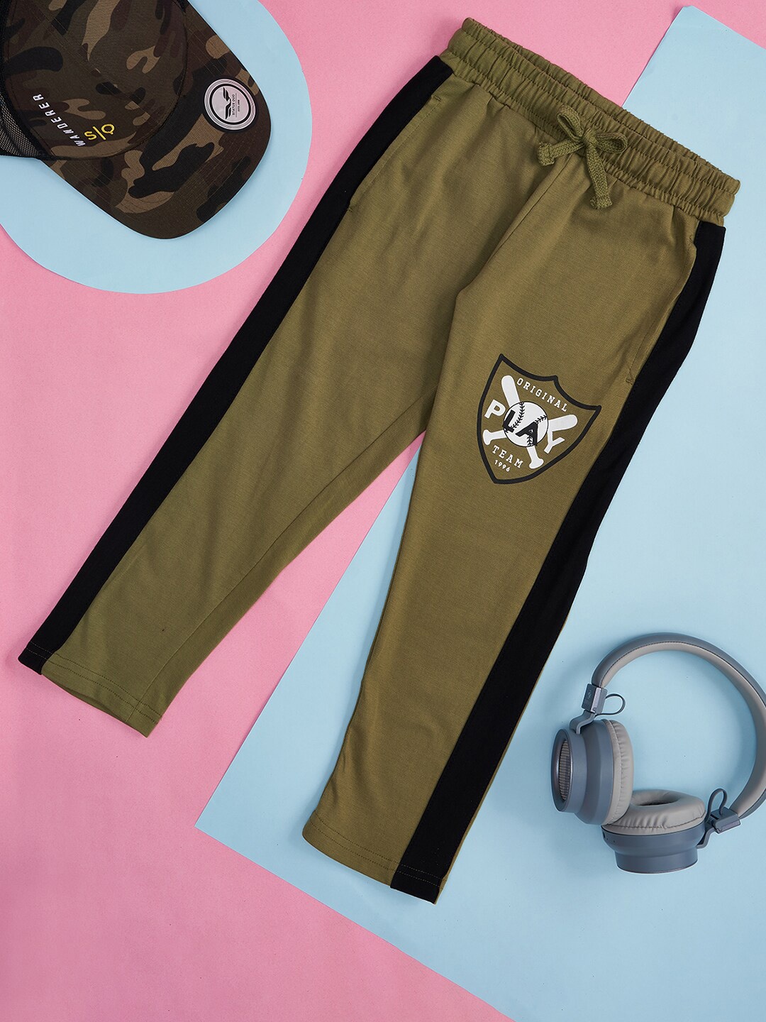 

Pantaloons Junior Boys Mid-Rise Side Striped Track Pants, Olive
