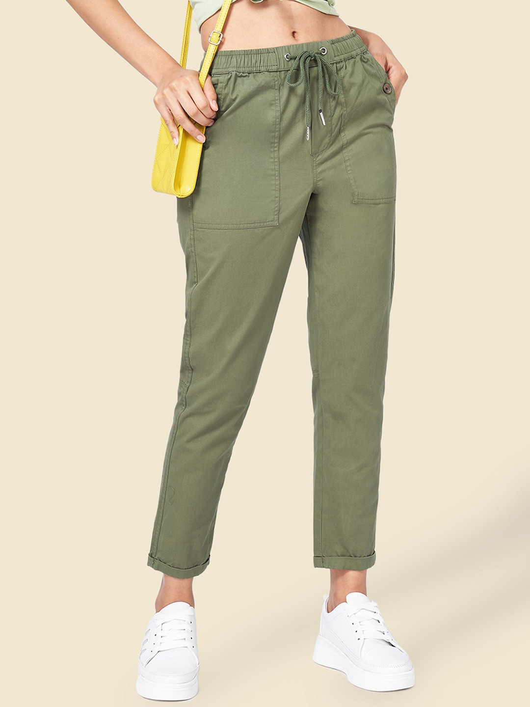 

Honey by Pantaloons Women High-Rise Casual Cotton Cropped Trousers, Olive