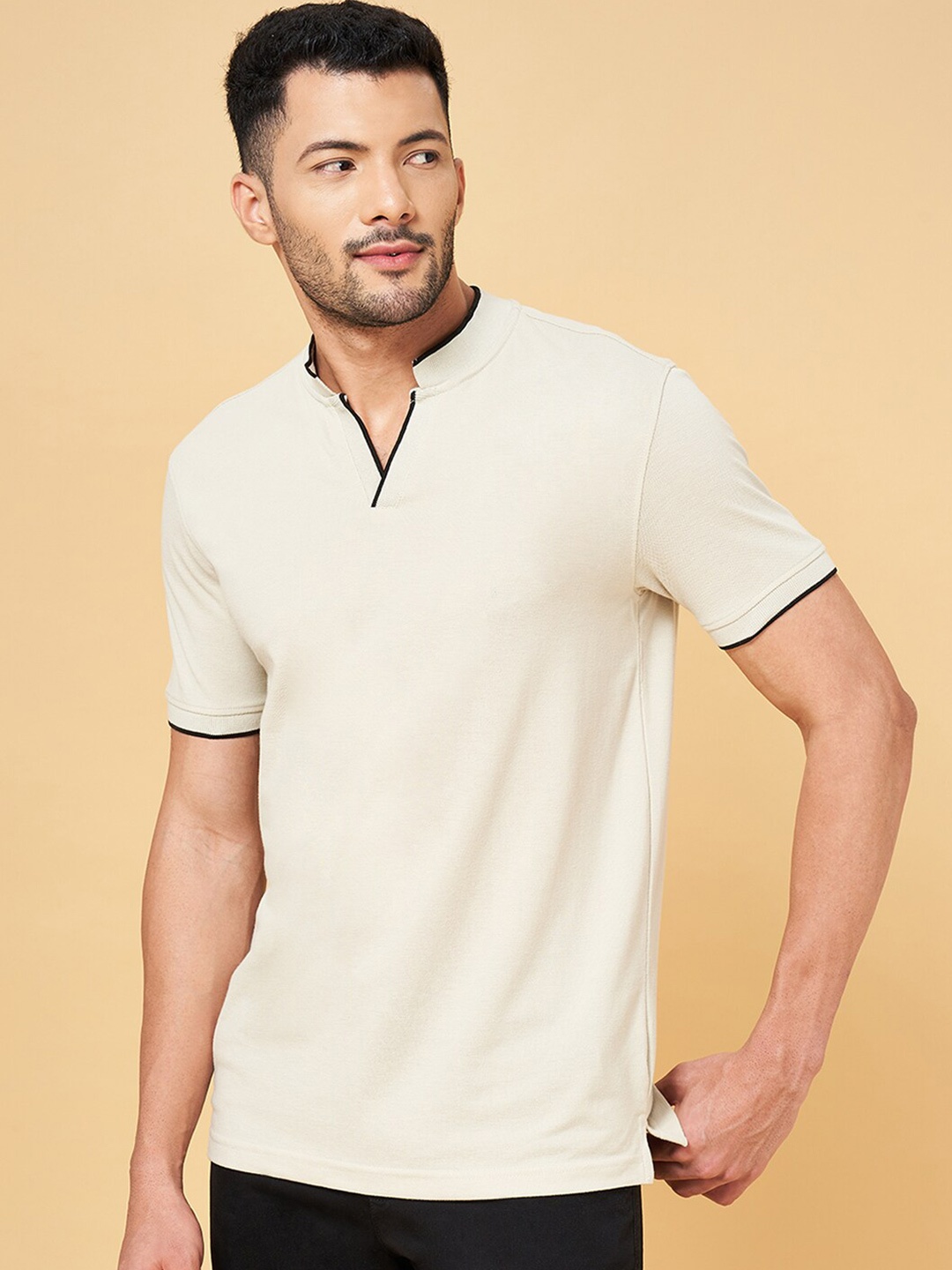 

BYFORD by Pantaloons Mandarin Collar Slim Fit Cotton T-Shirt, Beige