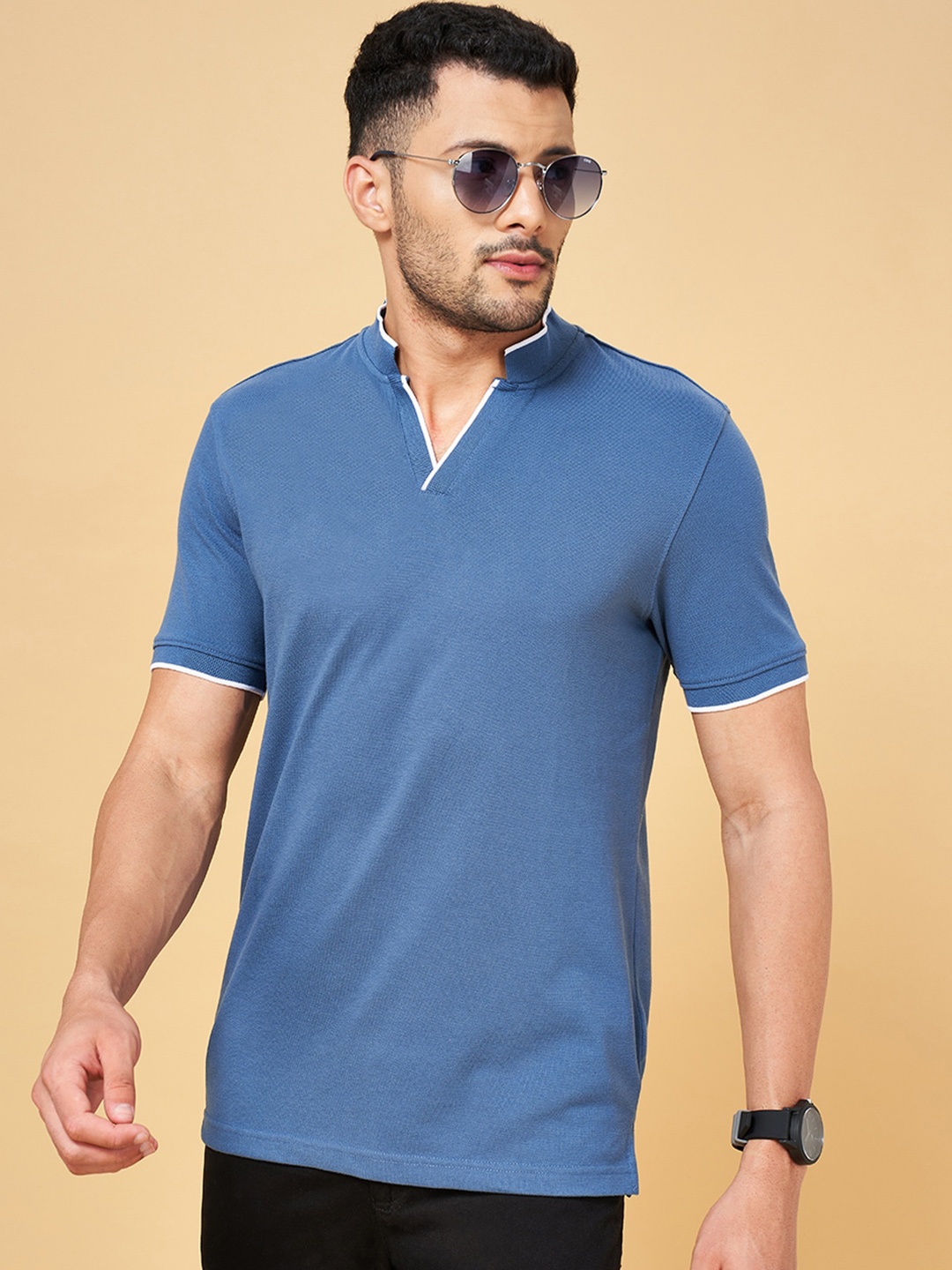 

BYFORD by Pantaloons Mandarin Collar Slim Fit Cotton T-Shirt, Blue