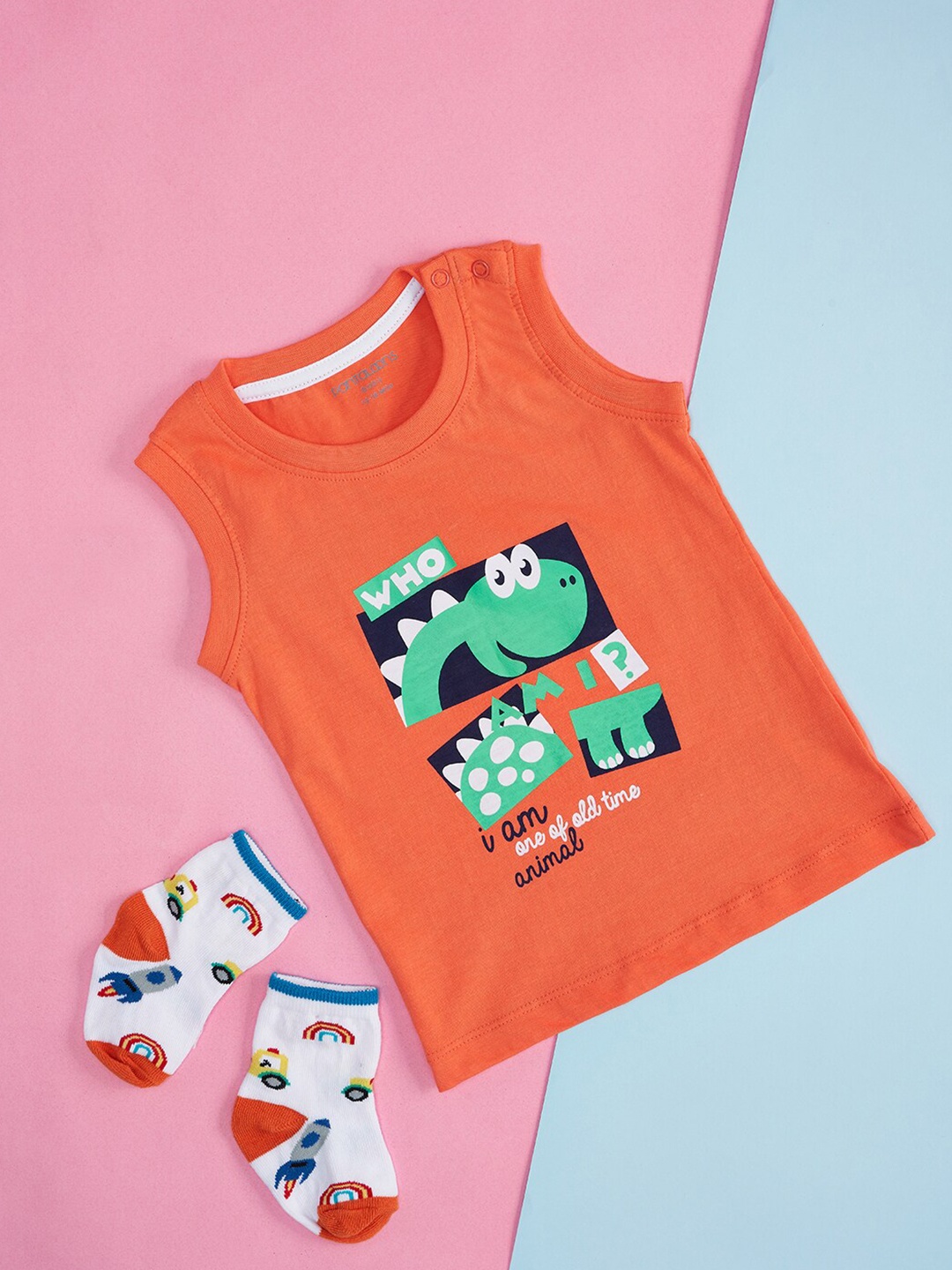 

Pantaloons Baby Infant Boys Graphic Printed Sleeveless Cotton T-shirt, Coral