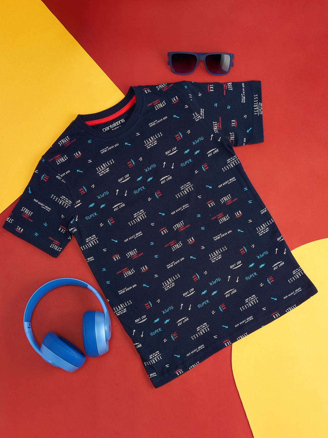

Pantaloons Junior Boys Typography Printed Cotton T-shirt, Navy blue