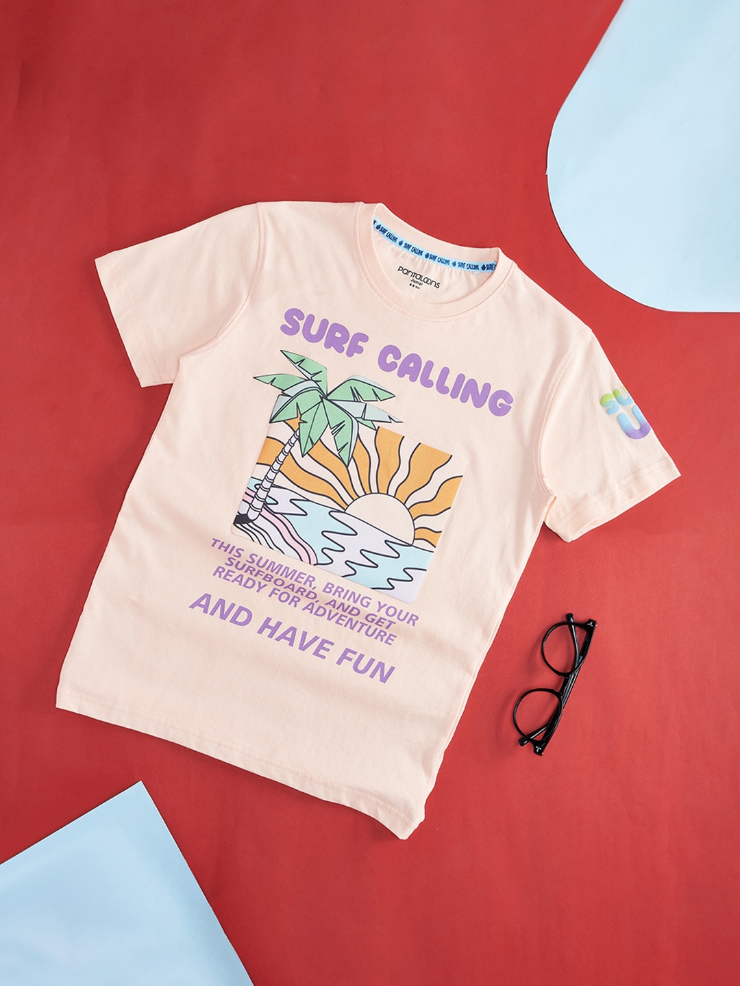 Pantaloons Junior Boys Typography Printed Cotton T-shirt, Peach