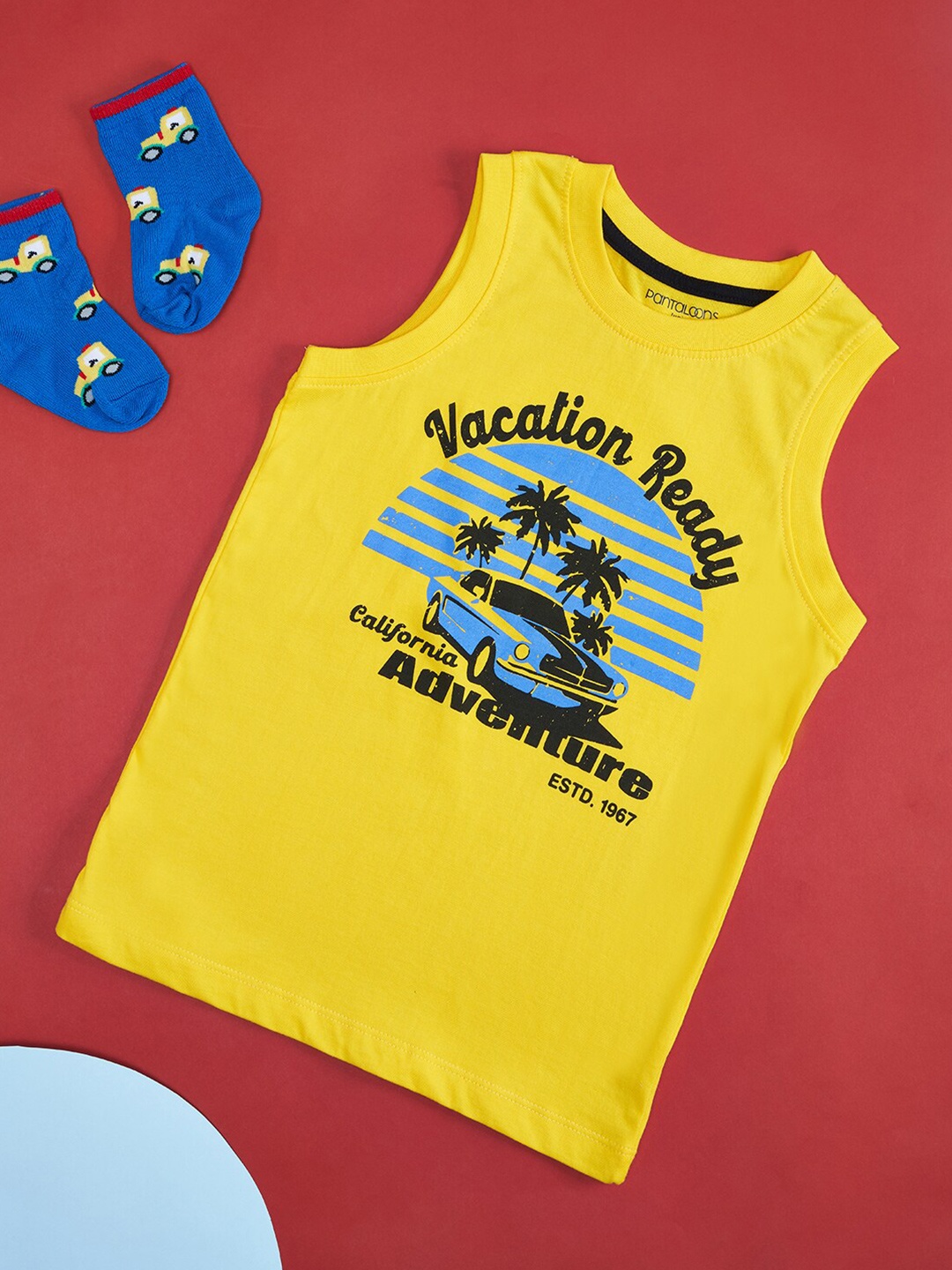 Pantaloons Junior Boys Graphic Printed Sleeveless Cotton T-shirt, Yellow