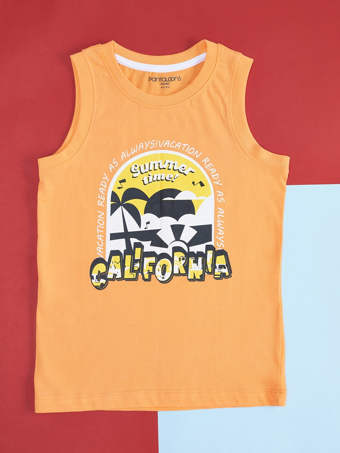 

Pantaloons Junior Boys Graphic Printed Sleeveless Cotton T-shirt, Orange