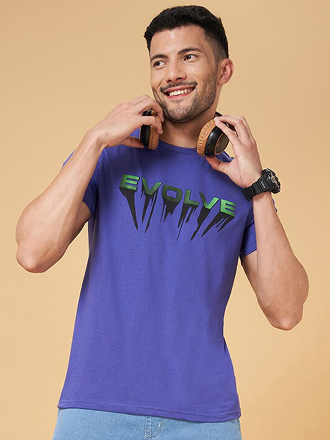 

People Purple Typography Printed Cotton Slim Fit Casual T-shirt