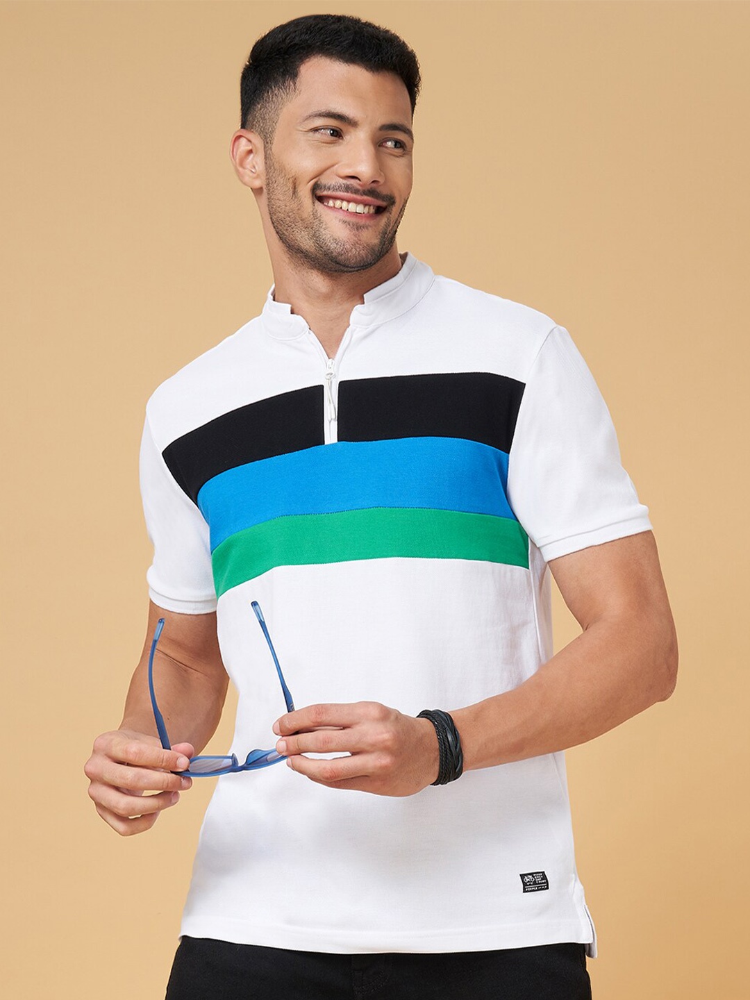 

People White Colourblocked High Neck Cotton Slim Fit Casual T-shirt
