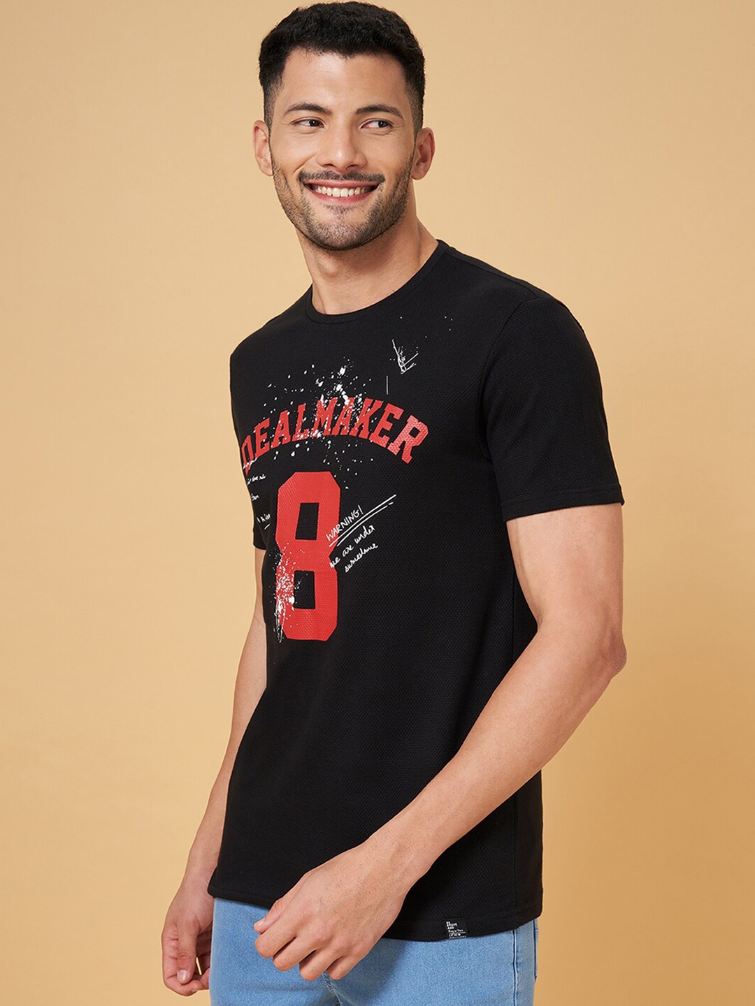 

People Black Typography Printed Cotton Slim Fit Casual T-shirt