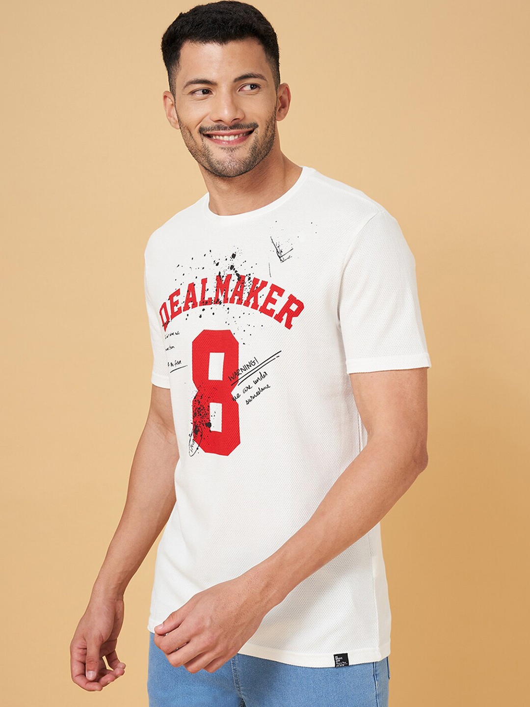 

People White Typography Printed Cotton Slim Fit Casual T-shirt