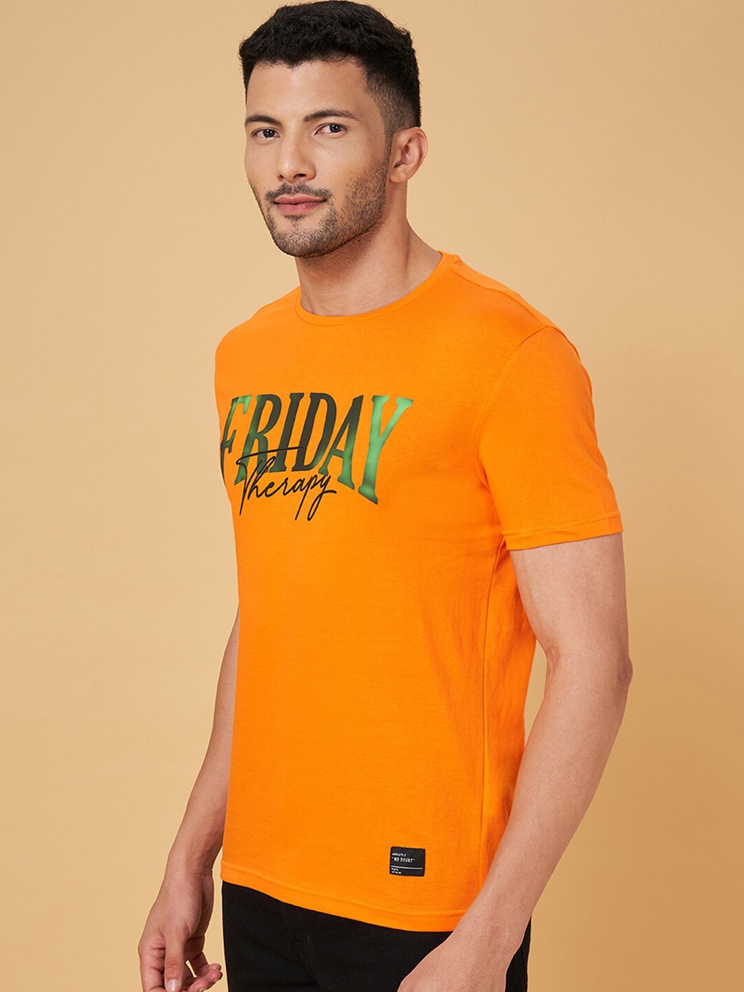 

People Orange Typography Printed Cotton Slim Fit Casual T-shirt