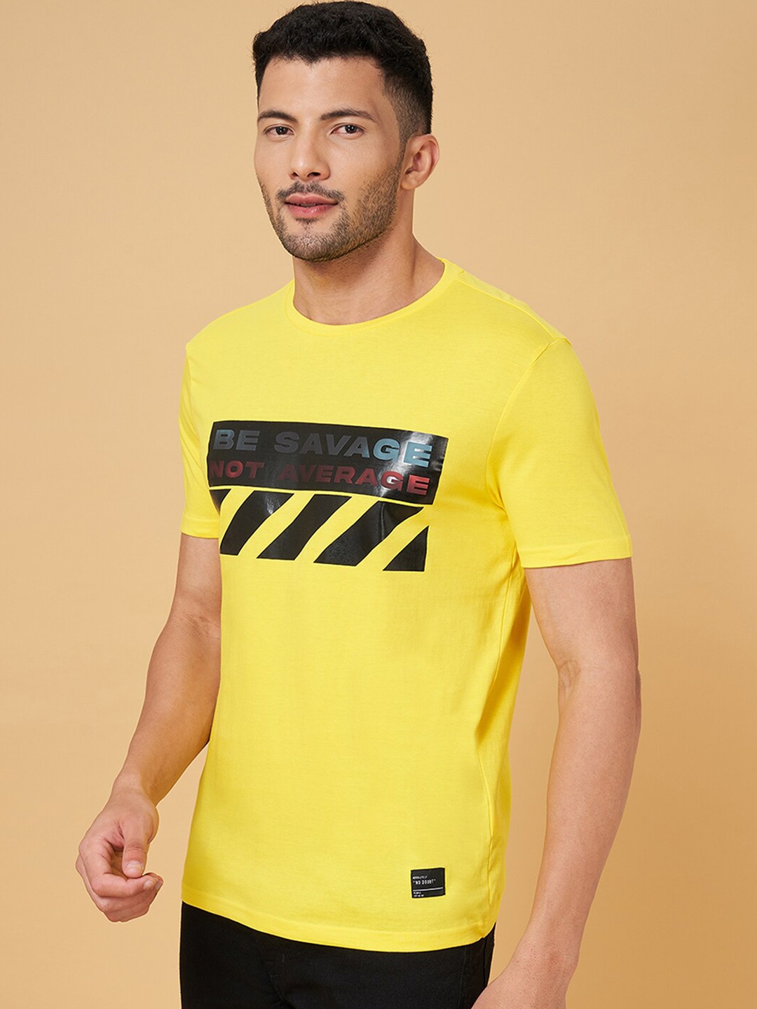 

People Yellow Typography Printed Cotton Slim Fit Casual T-shirt