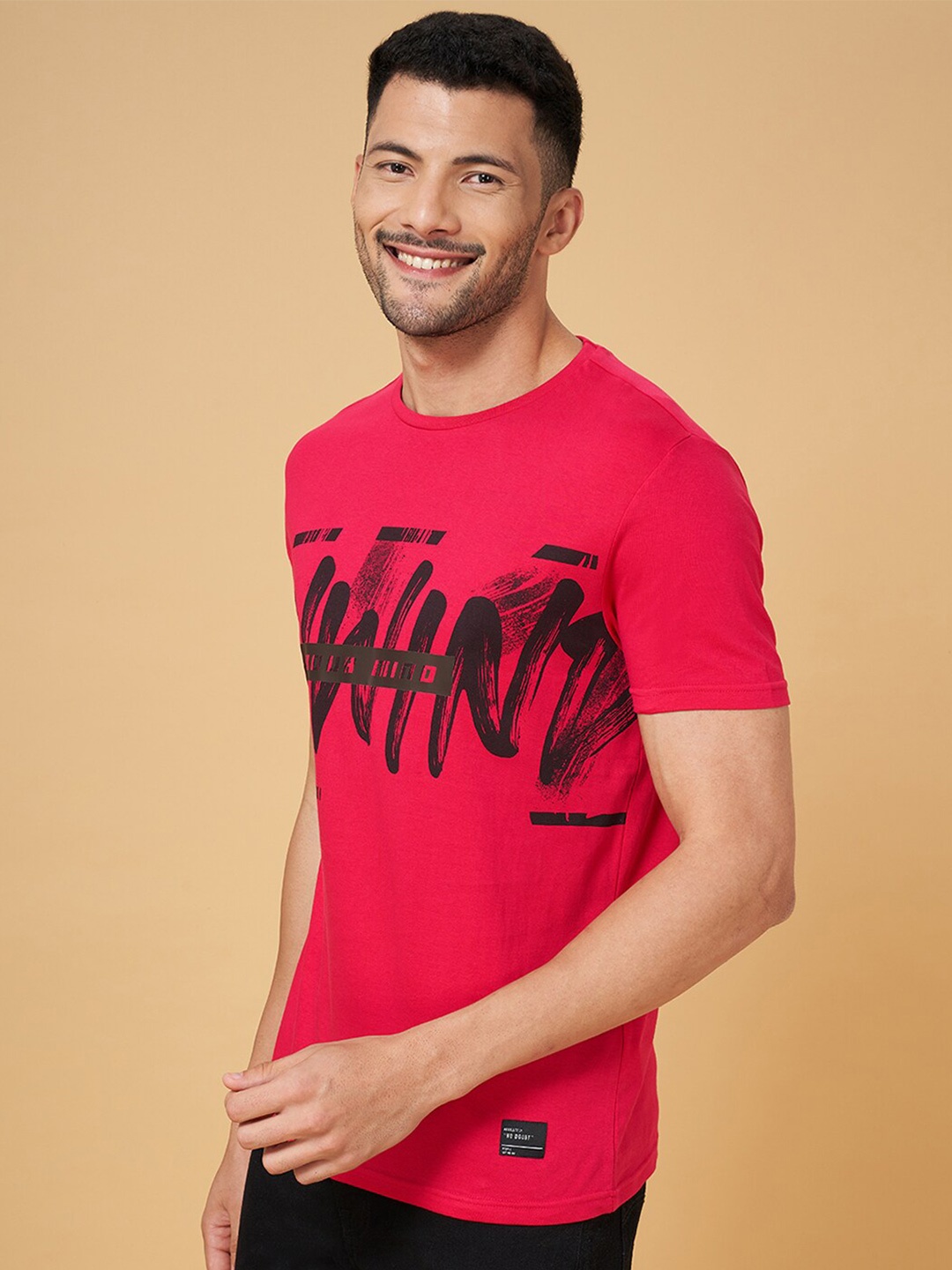 

People Pink Typography Printed Cotton Slim Fit Casual T-shirt