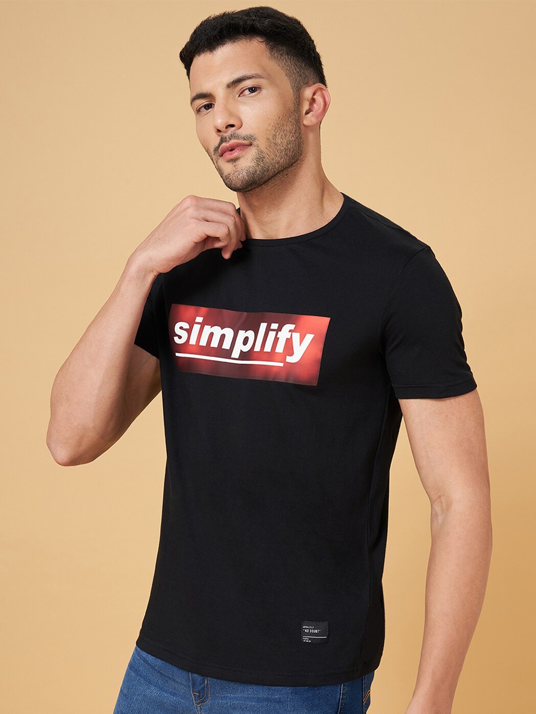 People Black Typography Printed Cotton Slim Fit Casual T-shirt