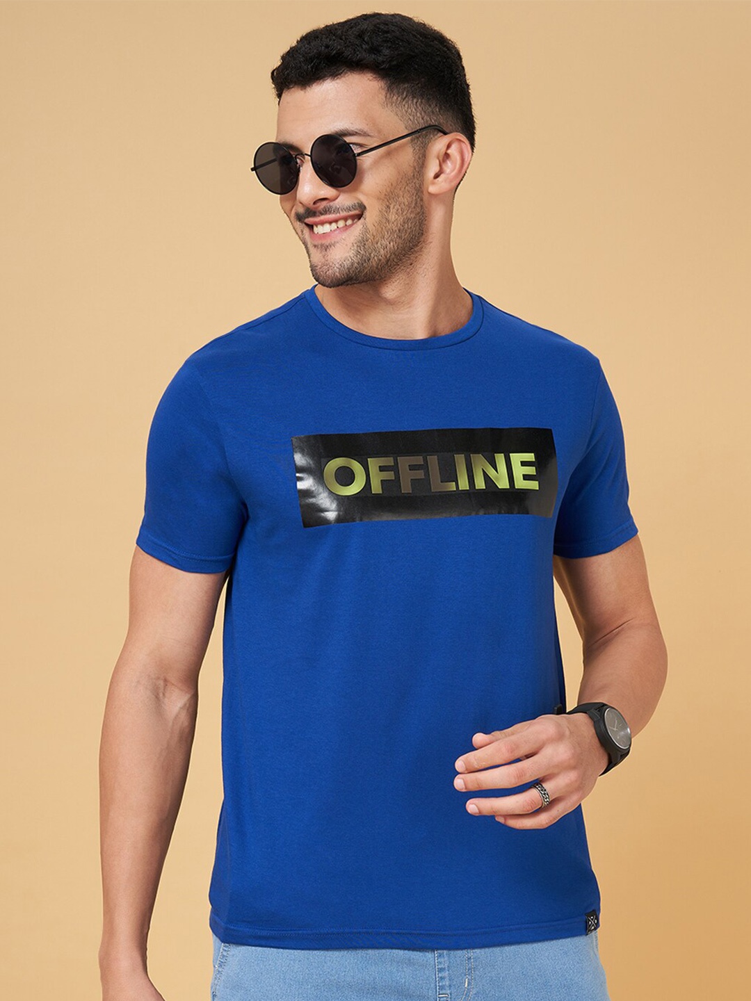 

People Blue Typography Printed Cotton Slim Fit Casual T-shirt