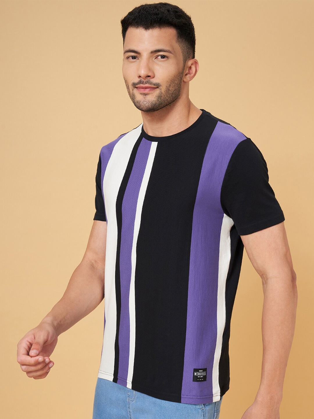 

People Purple & Black Vertical Striped Cotton Slim Fit Casual T-shirt