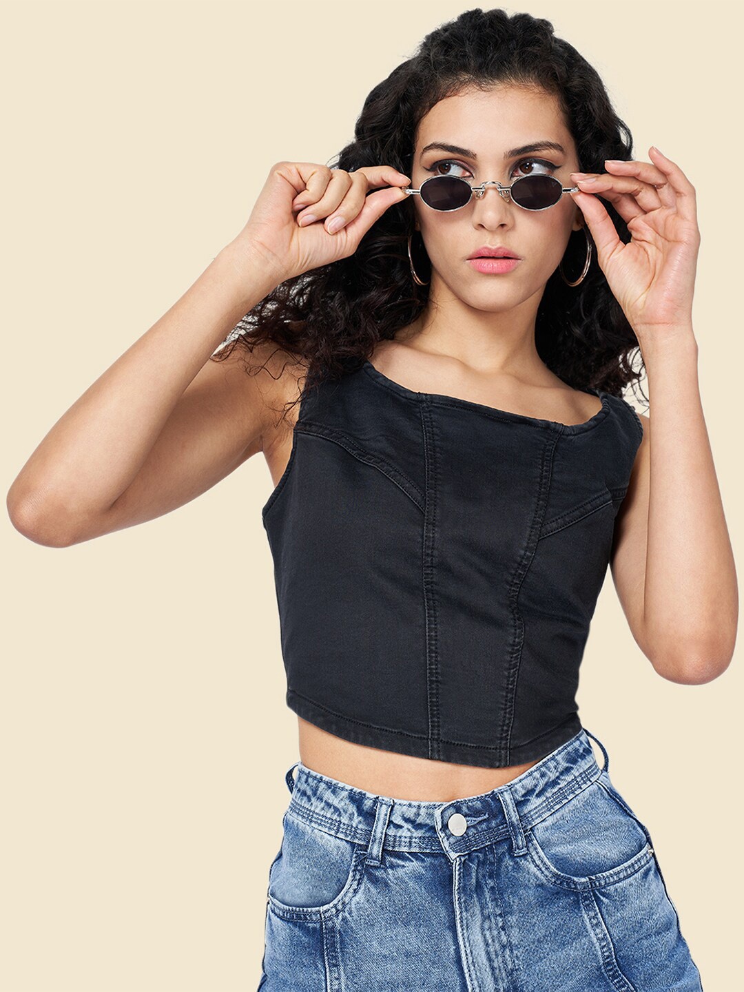 SF JEANS by Pantaloons Square Neck Fitted Crop Top, Black