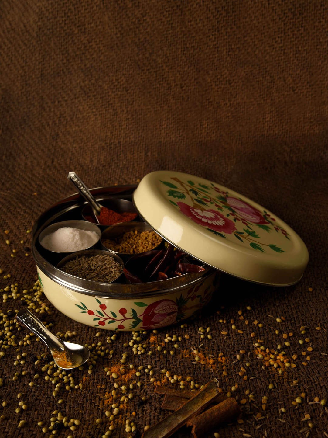 

Indikluster Beige Floral Printed Stainless Steel Masala Box