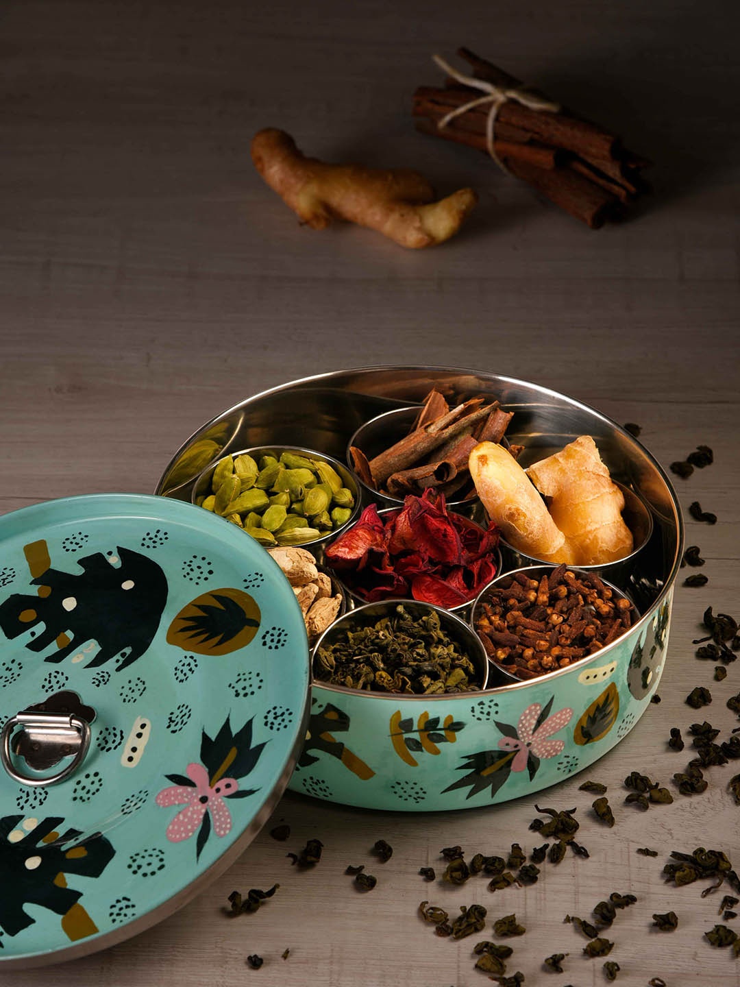 

Indikluster Blue & Green Stainless Steel Floral Printed Spice Box