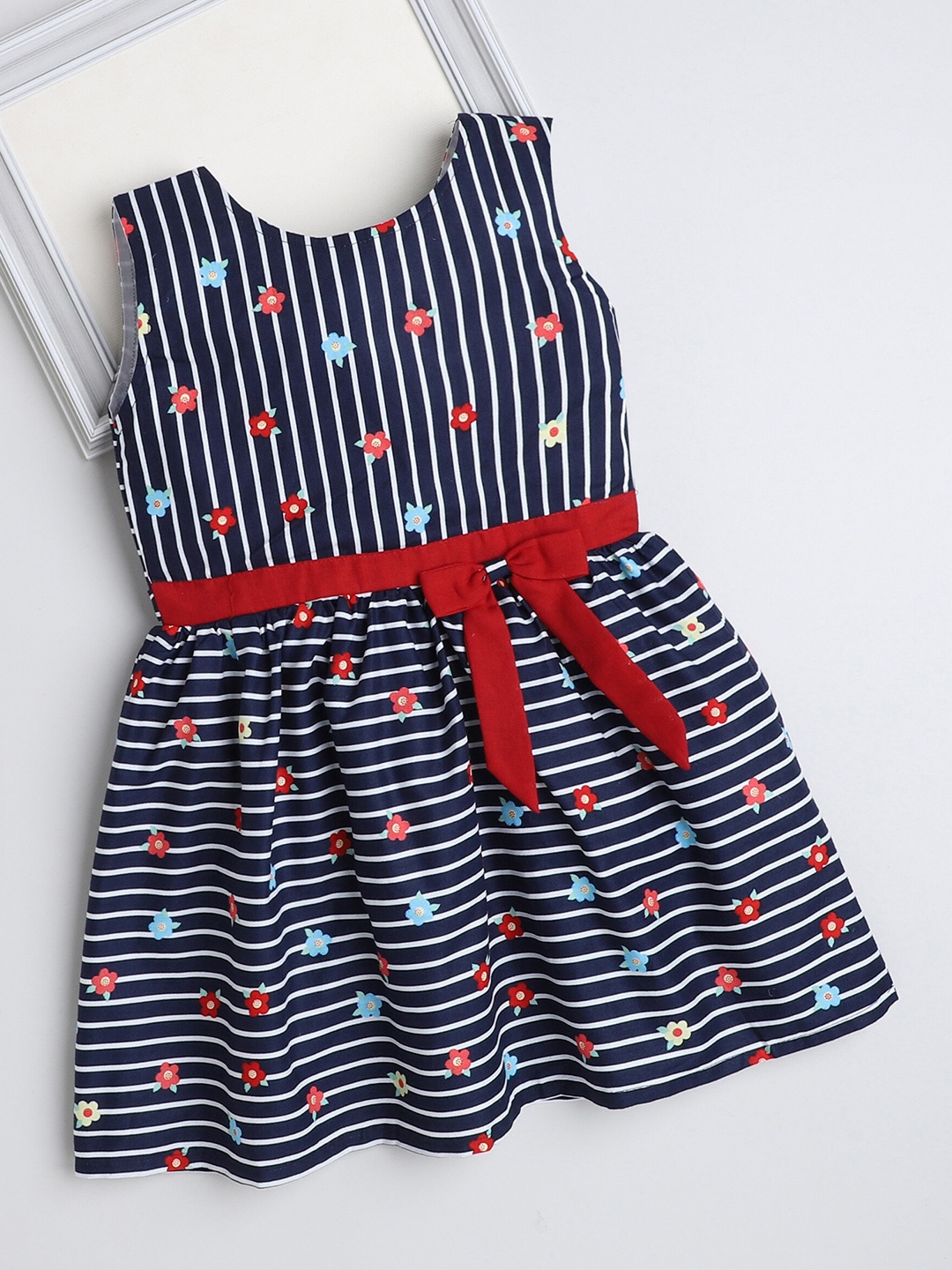 

The Magic Wand Girls Striped Bow Cotton Fit & Flare Dress, Navy blue